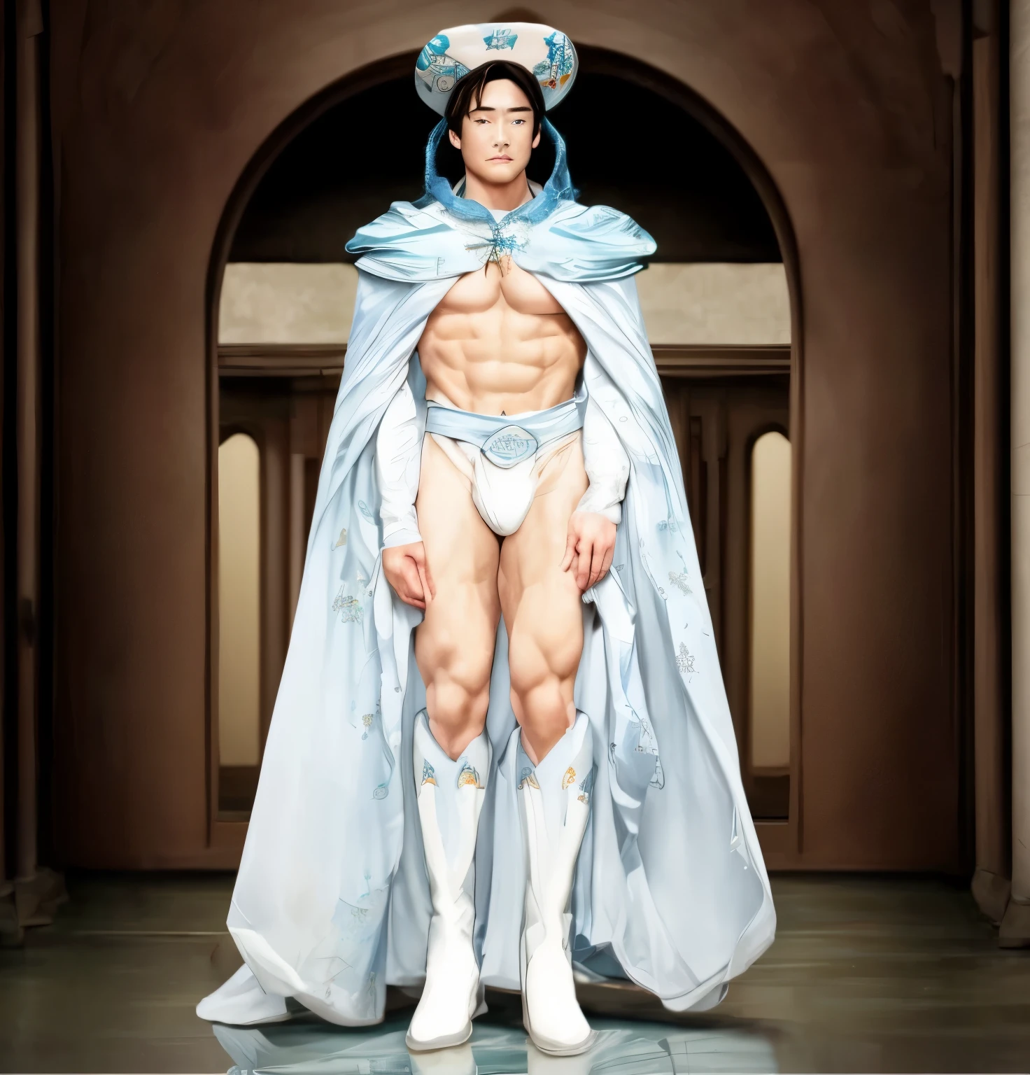 Handsome and exquisite man,The details of the eyes and face are very rich, exquisite eyes, super detailed, High resolution, The content is very detailed,best quality,EnLightenment,Unite,8k wallpaper,masterpiece,best quality,imagine,1 boy,Put on y blue briefs, Huge pectoral muscles,Metallic style powder blue priest cloak,priest hat,standing posture,long legs,Put on powder blue boots,look at the audience,Face the audience,flowing long hair,Surreal 8000g,Impeccable,masterpiece,professional artwork,famous artwork,Light,movie bloom,perfect face,pretty face,fantasy,Dreamy and magical,not real,intricate details,Exquisite pattern...Korean man's face