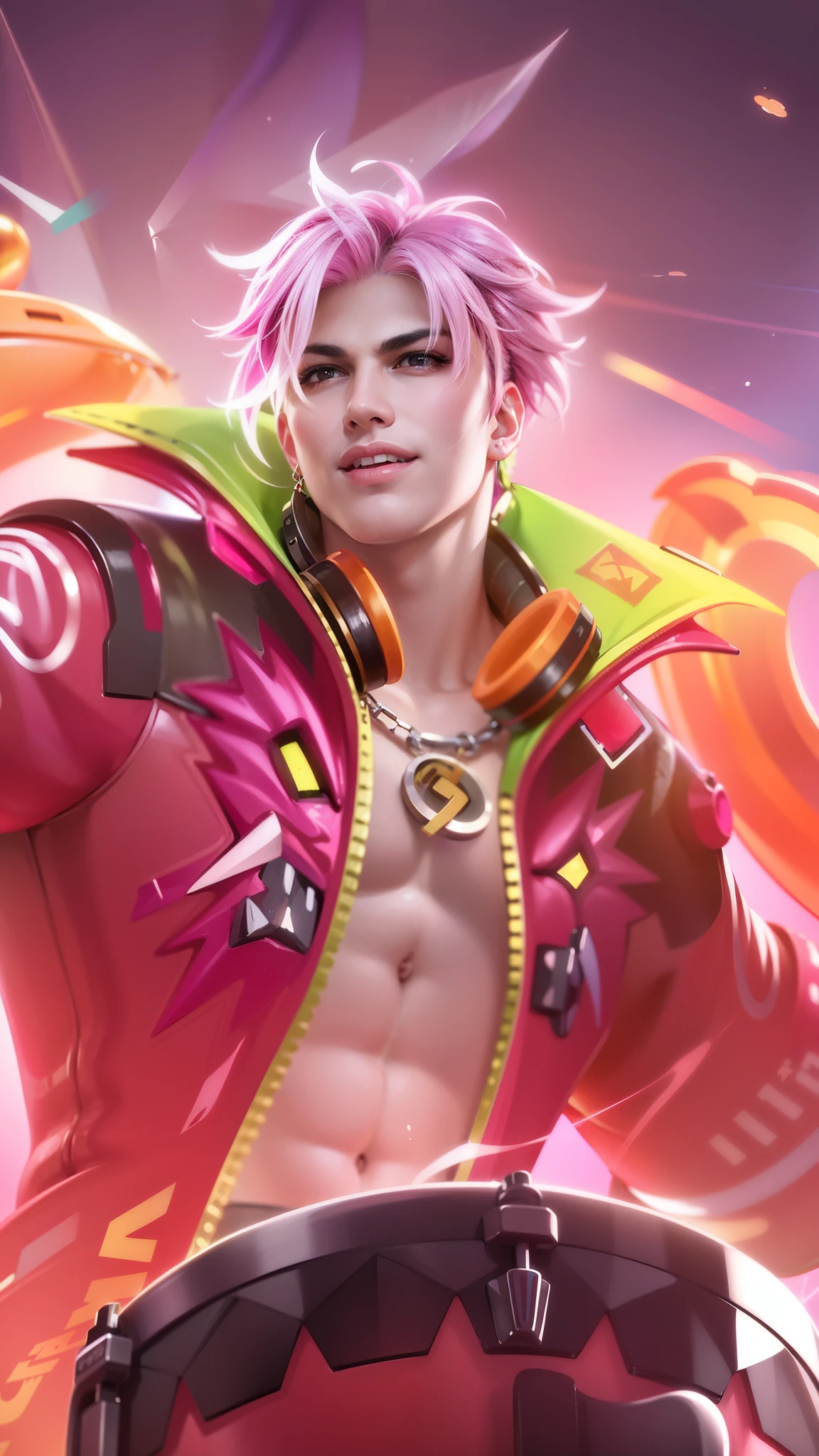 Masculine man, (8k, RAW photo, photorealistic:1.25), best quality, ultra highres, depth of field, chromatic aberration, caustics, Broad lighting, natural shading, ultra detailed texture, hyper realistic, detailed texture, detailed face, detailed skin, detailed hair, real hair, detail eyes, cinematic background, a close up of a man with pink hair and a colorful outfit, earrings in ears, headphone, a man with a pink jacket and a drum in his hand, smile scary