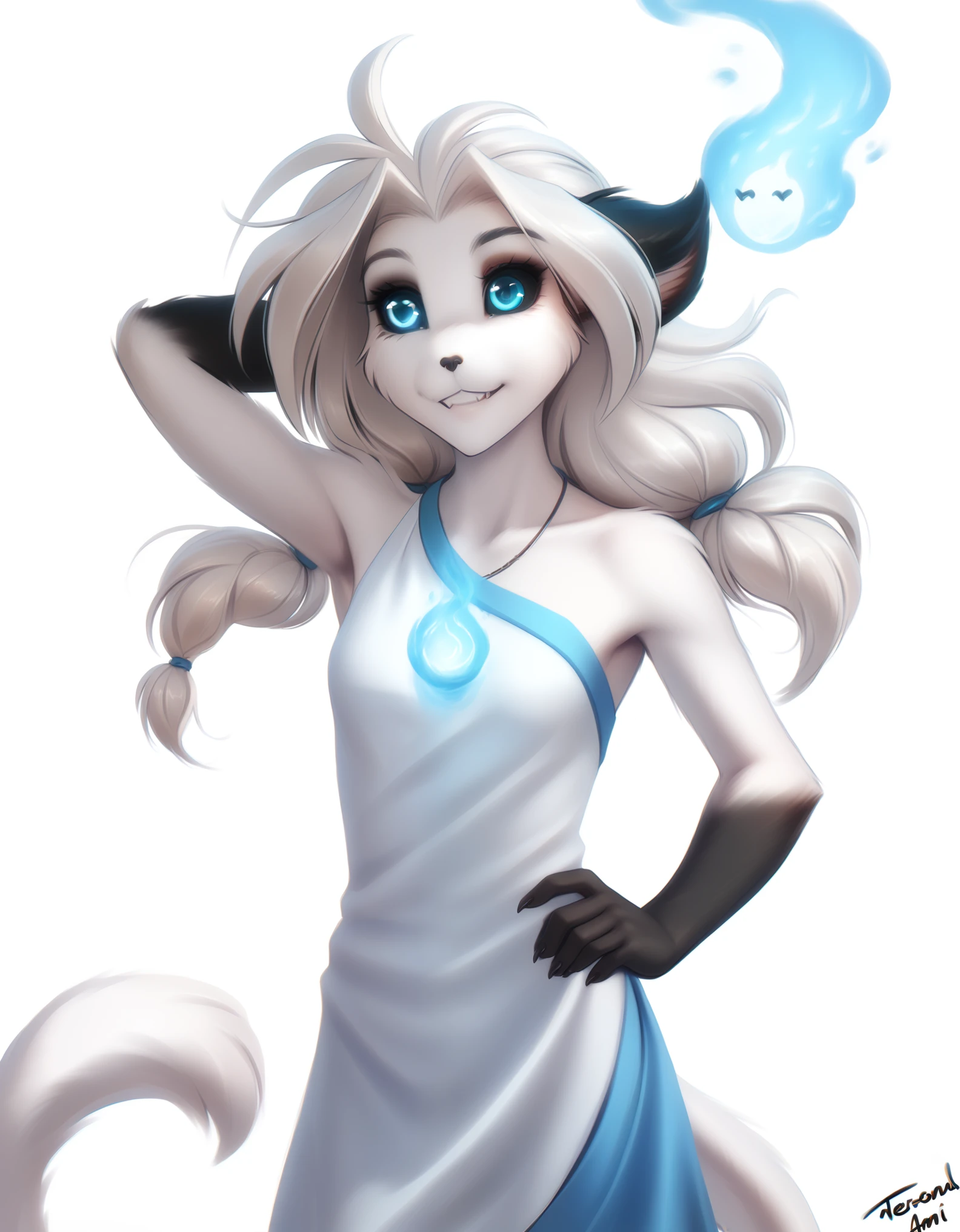 tkwillow, keidran, mammal, pantherine, willow_wisp_(twokinds) , willow_wisp, twokinds, personalami, rating:safe, white background, white_background, female, white fur, blue eyes, black sclera, small breasts, will-o'-the-wisp, spirit