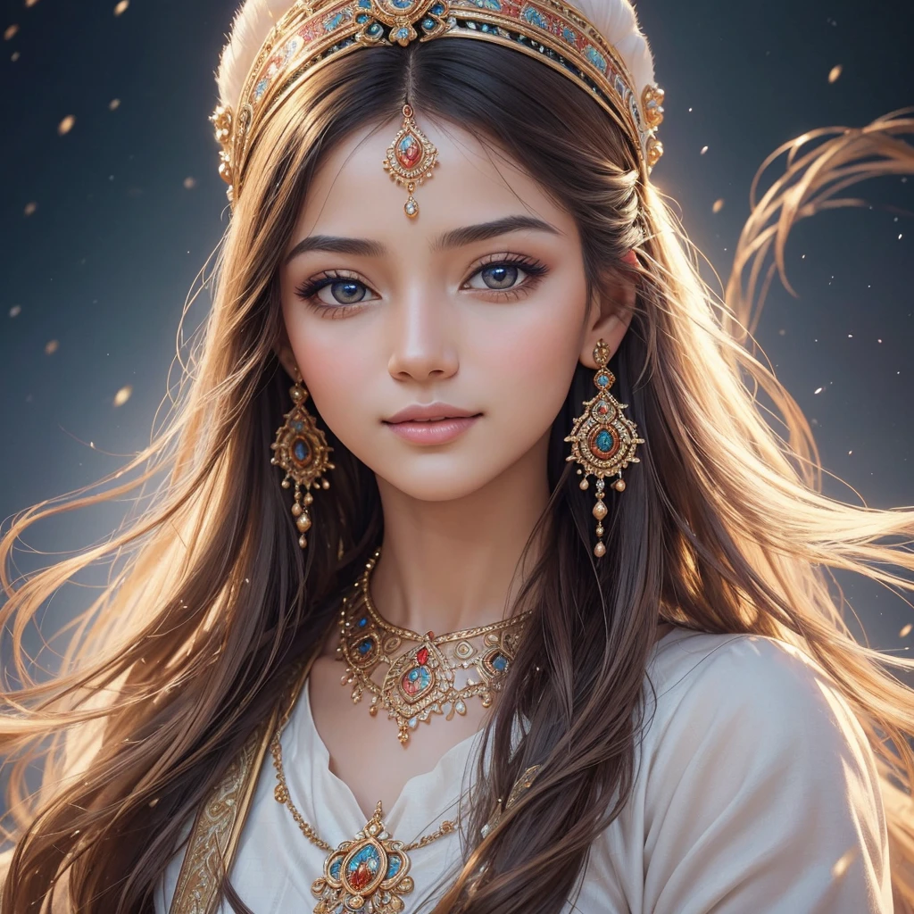 (masterpiece:1.2),ultra-detailed,realistic description,beautiful detailed eyes,beautiful detailed lips,in the style of siberpunque,painting,portrait,colorful palette,warm lighting,glossy finish,snowy background,rosy cheeks,flowing hair,graceful pose,ethnic clothing,traditional headpiece,delicate jewelry,meticulous attention to detail,subtle expression,serene atmosphere,soft brush strokes,luminous skin tones,highlighted features,vibrant colors,expressive eyes,subtle smile,peaceful ambiance,sharp focus,professional execution,authentic representation,majestic presence,ethereal beauty,delicately painted features,elegant impression,striking contrast,harmonious composition,celestial glow,whimsical elements,fairytale-like atmosphere,emotive portrayal,storytelling enchantment.