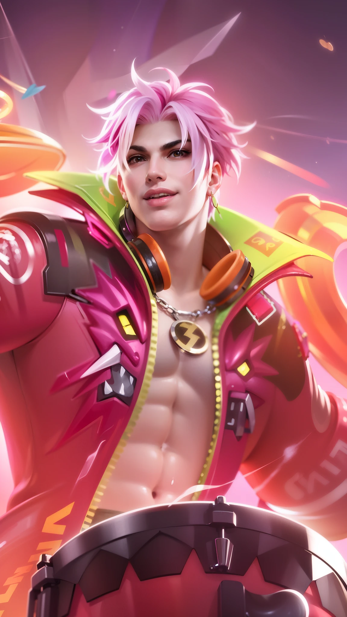 Masculine man, (8k, RAW photo, photorealistic:1.25), best quality, ultra highres, depth of field, chromatic aberration, caustics, Broad lighting, natural shading, ultra detailed texture, hyper realistic, detailed texture, detailed face, detailed skin, detailed hair, real hair, detail eyes, cinematic background, a close up of a man with pink hair and a colorful outfit, earrings in ears, headphone, a man with a pink jacket and a drum in his hand, smile scary