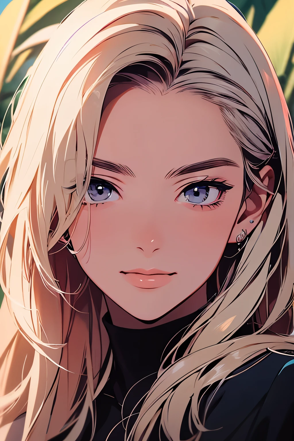 2d illustration, anime, a painting portrait in fine arts, in manhwa style, Bishamon from noragami, 1girl, blond hair, long hair, big hair, shopped undercut pixie, makeup, purple eyes, dunes behind, dutch angle, beautiful, high definition, masterpiece, best quality, high detail, high detailed eyes, grain filter, {{confident smile}}, Detailed lips