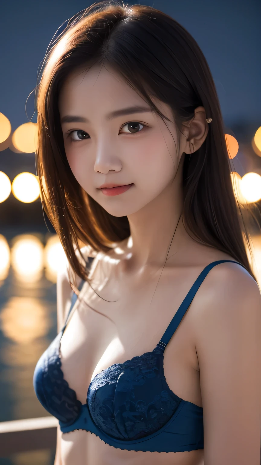 table top, highest quality, 8K, , teen, Raw ph absurd, award-winning portraits, smile, alone, (night:1.8), idol face, violaces, delicate girl, Upper body, Digital single-lens reflex camera, looking at the viewer, Frank, Sophisticated,thin arms, professional lighting, film grain, chromatic aberration, (Eye and face details:1.0), (Bokeh:1.1) , (blue bra:1.1) , close your mouth