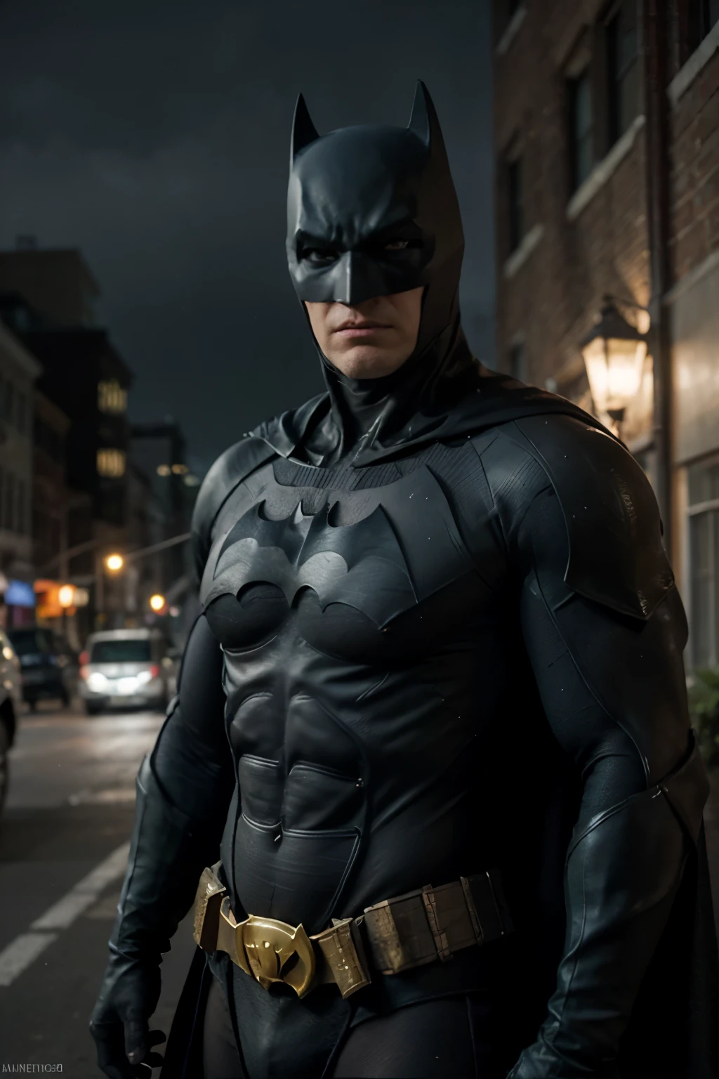 Generate an ultra-realistic and highly detailed portrayal of Batman in his complete suit from the movie 'Justice League', achieving an unprecedented level of realism and intensity. Start by meticulously capturing the intricate details of his suit, including every fold, crease, and texture, as if it were crafted from the very essence of the night itself. Pay meticulous attention to the minutiae of his armor, from the reinforced plating to the intricate stitching, ensuring each element contributes to a sense of tangible authenticity.
Focus on Batman's cowl, sculpting each contour and shadow with precision to convey the weight of his solemn duty and the depth of his determination. Render his eyes with a piercing intensity, reflecting the inner turmoil and unyielding resolve that drive him to protect Gotham from the shadows.
Ensure that the bat emblem on his chest is a standout feature, symbolizing hope amidst the darkness with its intricate design and subtle, ethereal glow. Surround Batman with an atmosphere of brooding ambiance, immersing him in the dimly lit alleys of Gotham City, where danger lurks around every corner and justice hangs in the balance.
In this AI-generated prompt, capture the essence of Batman as the ultimate embodiment of fear and redemption, poised to confront the darkness within and without, armed only with his indomitable will and unyielding sense of justice.