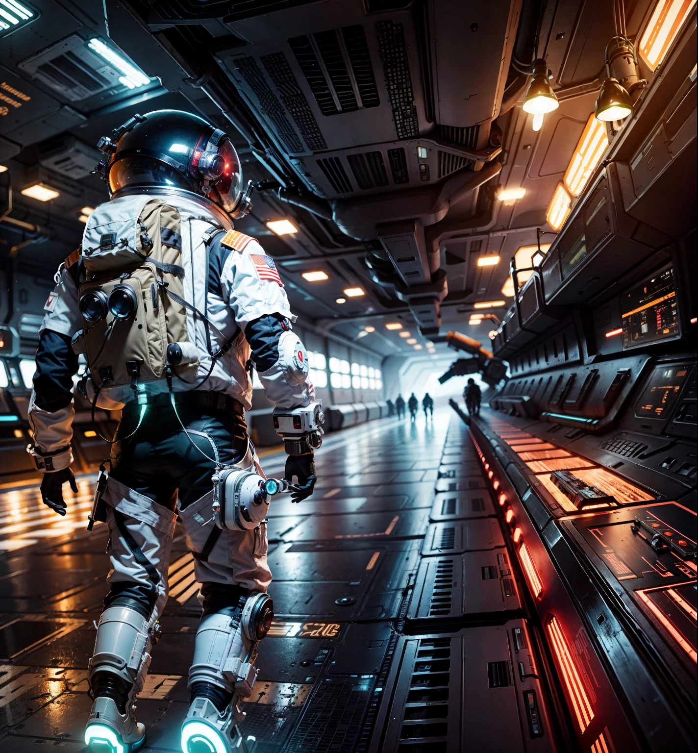 An Astronaut Sci fi style  in the foreground, in the background is a sci fi factory cyberpunk style with lots of colours and lights