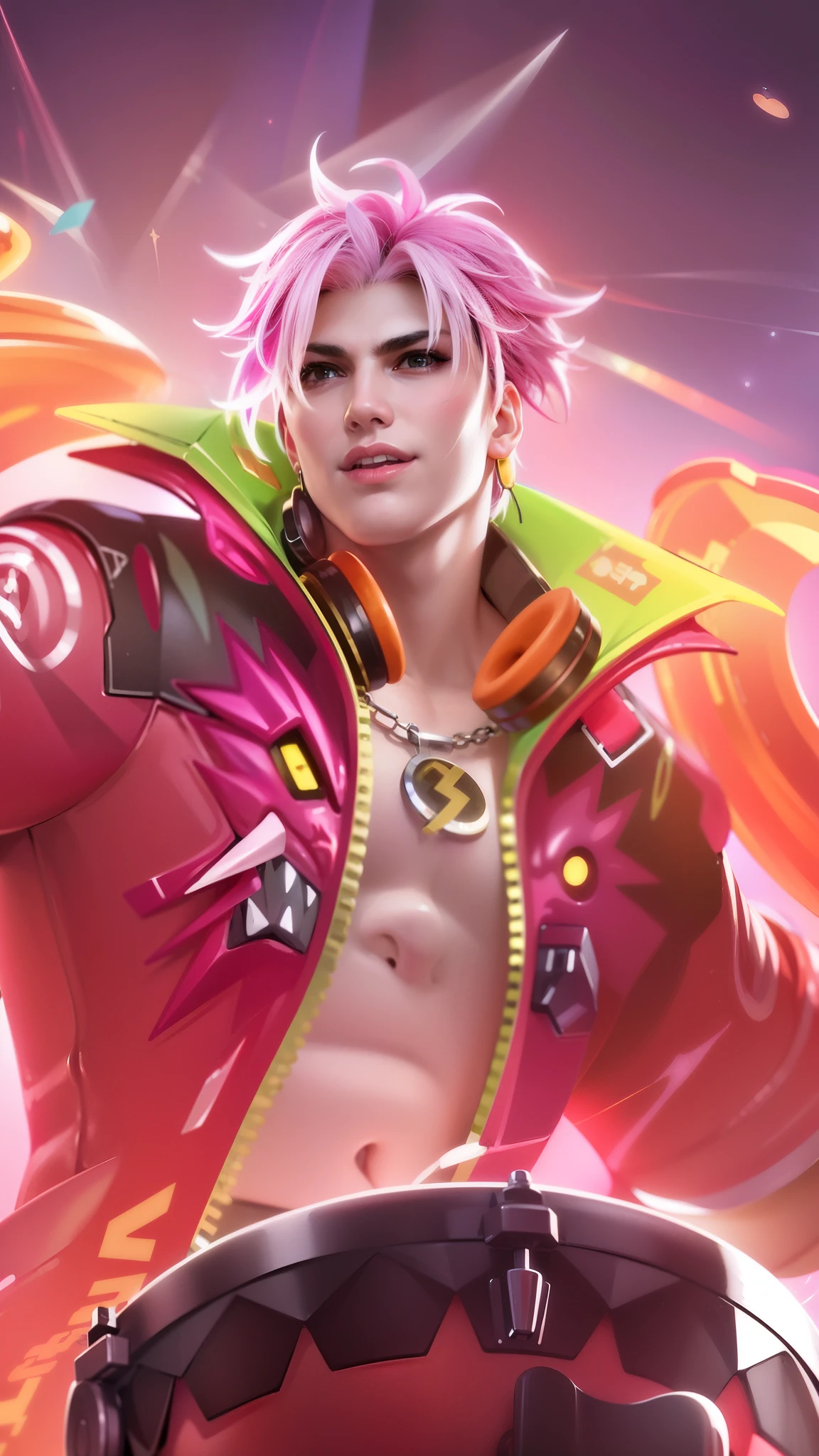 (8k, RAW photo, photorealistic:1.25), best quality, ultra highres, depth of field, chromatic aberration, caustics, Broad lighting, natural shading, ultra detailed texture, hyper realistic, detailed texture, detailed face, detailed skin, detailed hair, real hair, detail eyes, cinematic background, a close up of a man with pink hair and a colorful outfit, earrings in ears, headphone, a man with a pink jacket and a drum in his hand