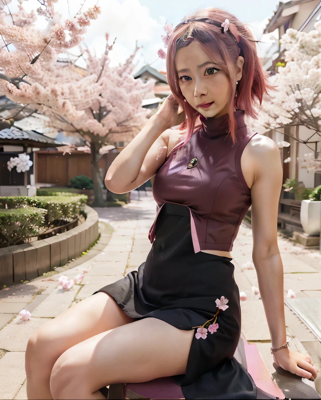 garota estilo anime com cabelo rosa e fones de ouvido sentada em um banco, Sakura Haruno, haruno sakura, Sakura Haruno in slug sage mode, sakura petals around you, hints of Yayoi Kasuma, sakura season dynamic lighting, sakura, photorealistic rendering of anime girl, Yayoi Kasuma, sakura kinomoto, sakura exuberante, sakura florescendo