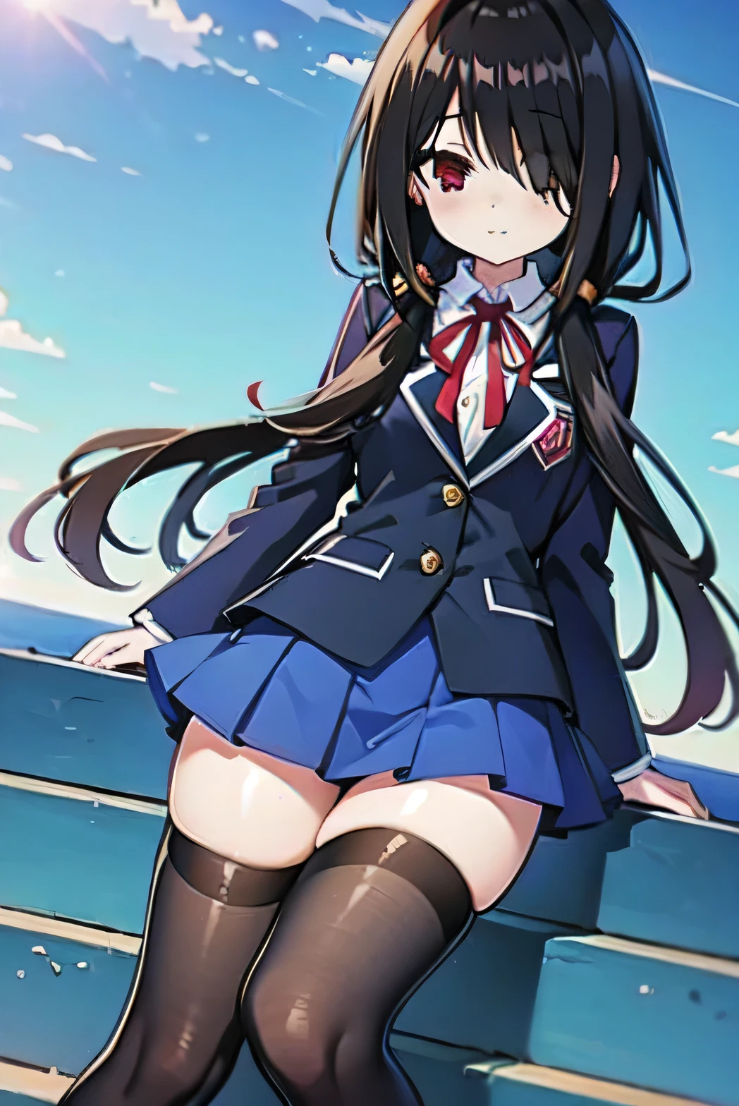 one-girl,tokisaki kurumi,black hair,long hair,double tail,red eyes,hair over one eye,JK,blue skirt,short skirt,black stockings,up skirtschool stairs,nsfw
