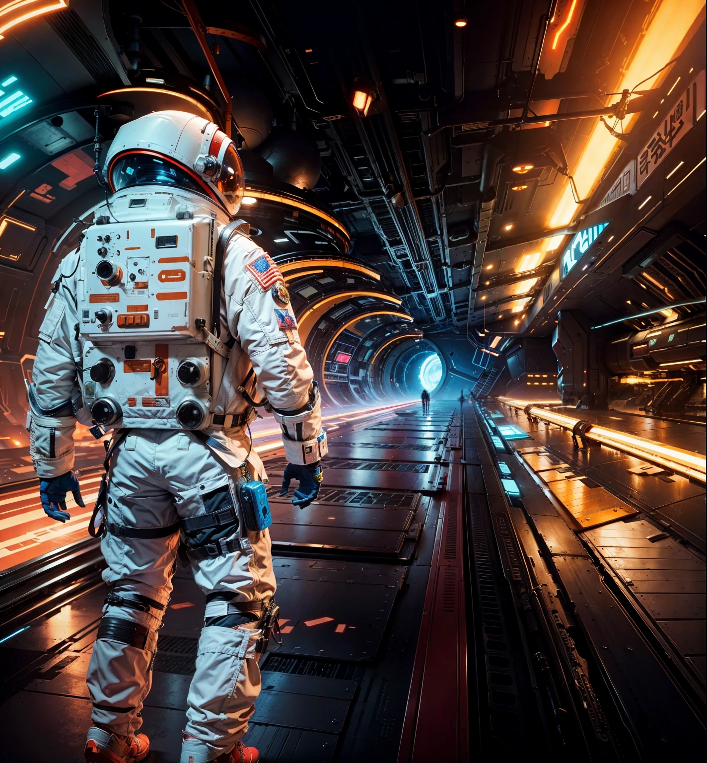 An Astronaut Sci fi style  in the foreground, in the background is a sci fi factory cyberpunk style with lots of colours and lights