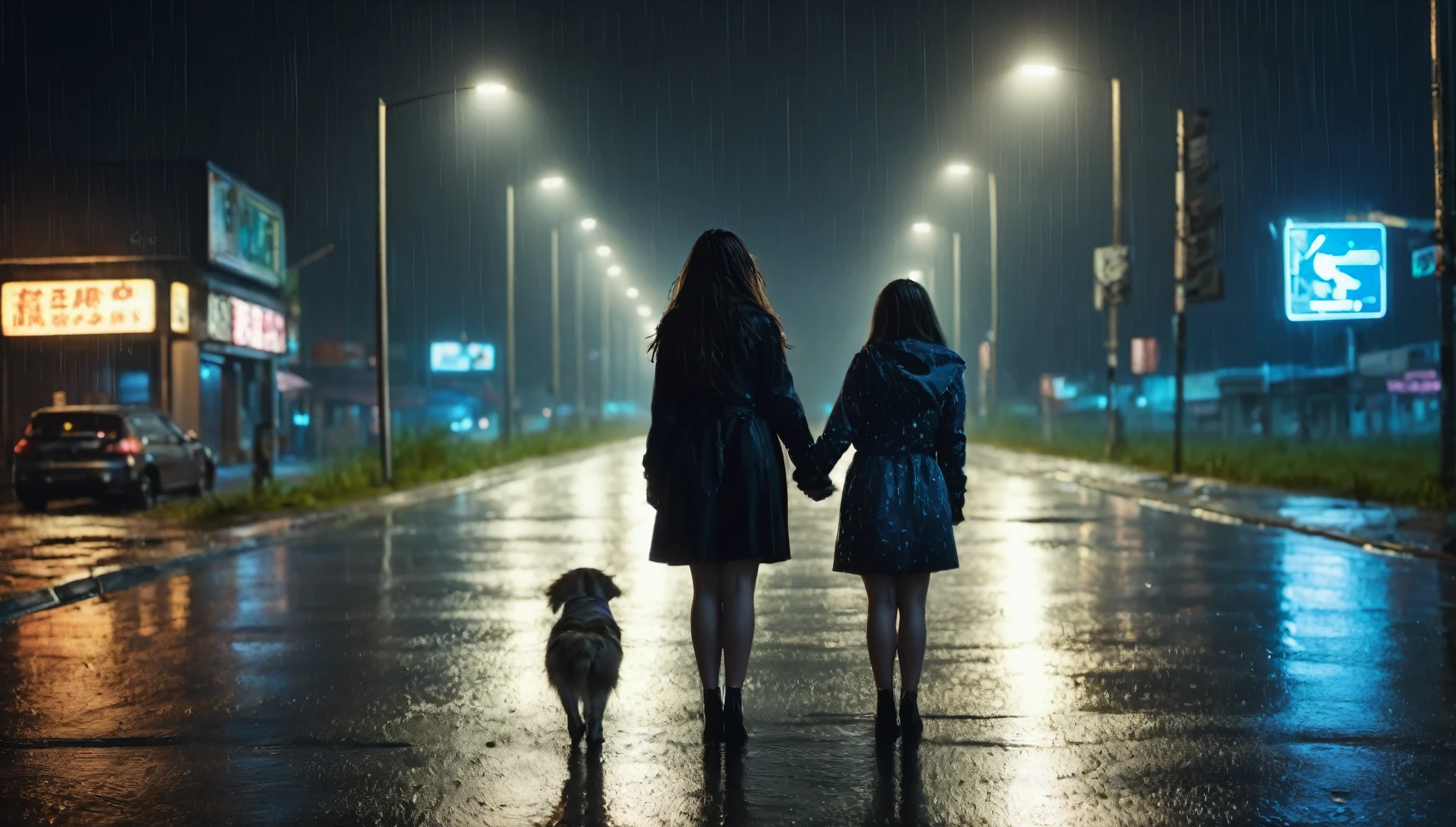 a holding hands with a bigger girl, the is sad, they are on the road at night, a little rain, a situation as if they are scared, film, ultra detailed, HDR, 8k, masterpiece