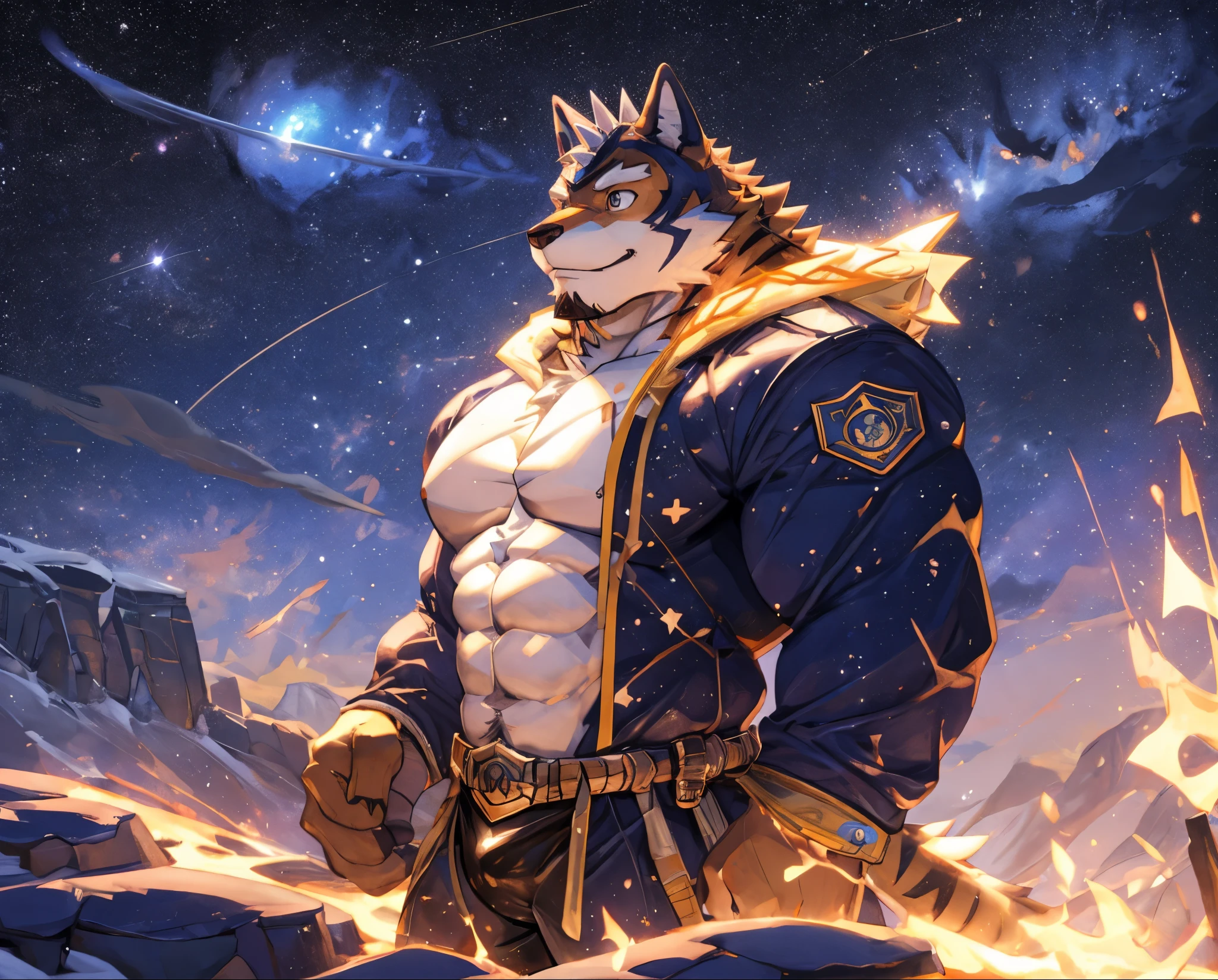 Anthropomorphic, Ryekie, Single, Male, Muscle, , 50 years old, in police clothes, Cosmic Color, Apply a Cool, scale of view, Masterpiece, No Noise, an Amazing landscape, Top Quality, Cinematic, High Definition, Super Detail, Vibrant color, Best Drawing by Nullghostart, Planets control, Cosmos Sky, Star Ruler, Beautiful atmosphere, Surrounded by shimmering stars, walk in the space, Constellation, Controlling the Stars, Confident Expression