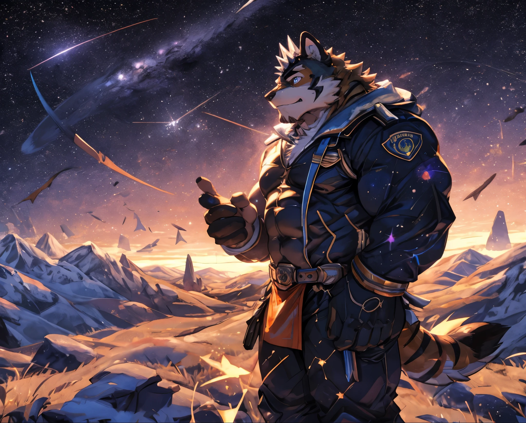 Anthropomorphic, Ryekie, Single, Male, Muscle, , 50 years old, in police clothes, Cosmic Color, Apply a Cool, scale of view, Masterpiece, No Noise, an Amazing landscape, Top Quality, Cinematic, High Definition, Super Detail, Vibrant color, Best Drawing by Nullghostart, Planets control, Cosmos Sky, Star Ruler, Beautiful atmosphere, Surrounded by shimmering stars, walk in the space, Constellation, Controlling the Stars, Confident Expression