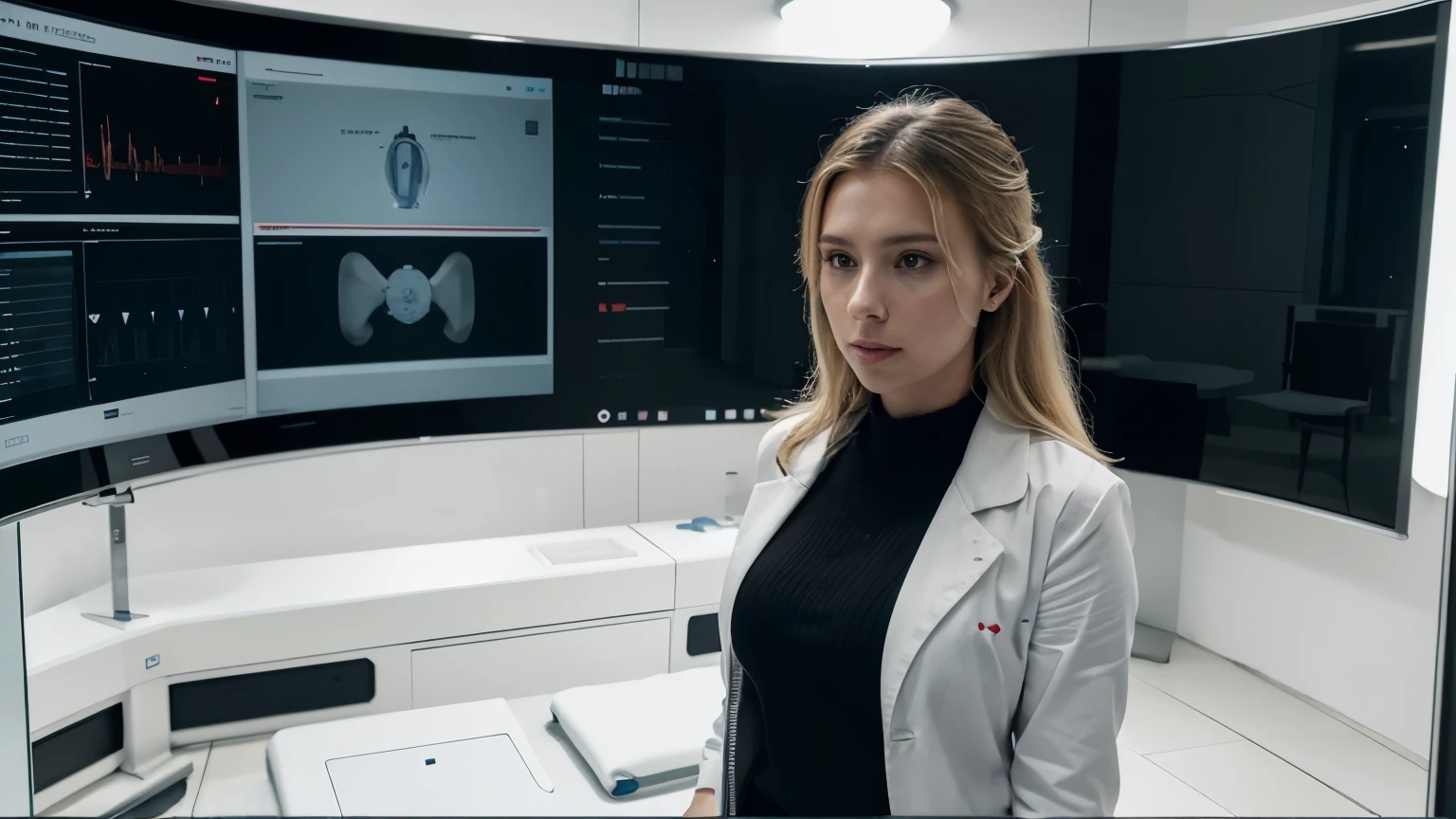 create a blonde Scarlett Johansson dressed as a doctor in an environment with 360° Body Scanner: Upon entering the room, a 360° body scanner performs a complete analysis of the user's body in a few seconds, providing data on general health, such as cholesterol levels , glucose, blood pressure and even indicators of potential problems.
Biometric Analysis Smart Mat: The entrance mat is equipped with sensors that measure parameters such as heart rate, step patterns and balance. This data is automatically sent to the biometric analysis system.
Smart Diagnostic Mirror: The mirror in the bathroom is more than a simple reflection. It uses facial recognition technology to detect signs of fatigue, dehydration or even symptoms of illnesses like jaundice, and displays visual alerts to the user.
Biometric Clothing: The wardrobe contains clothing equipped with biometric sensors that constantly monitor the wearer's vital signs, such as body temperature, heart rate and respiratory rate. This data is sent to the central health monitoring system.
Smart Bed: The bed is equipped with sensors that monitor sleep quality, breathing patterns and movements during the night. Based on this information, the system can suggest adjustments to your sleeping position to improve rest.
Telemedicine Station: A dedicated telemedicine station allows remote consultations with specialist doctors. Equipped with high-definition cameras and remote monitoring devices, patients can undergo basic exams and receive medical advice without leaving home.
Automated Medicine Cabinet: A smart cabinet keeps stocks of medications and supplements. Using facial recognition and biometric authentication, it releases only the prescribed doses to the user, ensuring safety and adequate control of the medication.
Virtual Health Assistant: An artificial intelligence assistant is always available to provide health information, answer questions, schedule medical appointments, and even provide personalized guidance to impr