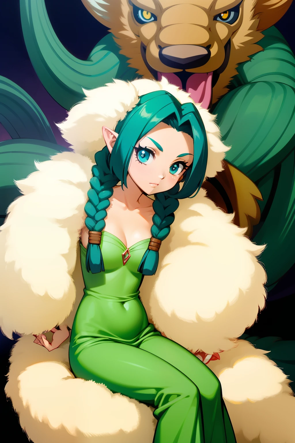 Garota cabelo verde.with braids, fantasia de guerreira anime