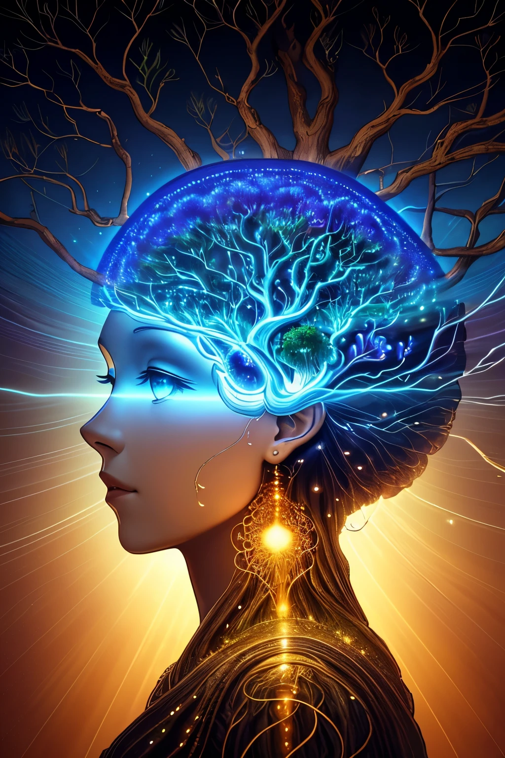 Behold the captivating human head, its tree-shaped brain illuminated with a radiant glow and vibrant colors. The intricate branches and roots of the brain structure extend out in lifelike detail, reaching towards unknown dimensions. The tree's bark texture is richly defined, evoking a sense of depth and complexity. The leaves shimmer with each subtle light reflection, pulsating with the rhythm of conscious thoughts. The enchanting sight is an enchanting blend of nature and intellect, bestowed with a hypnotic allure.