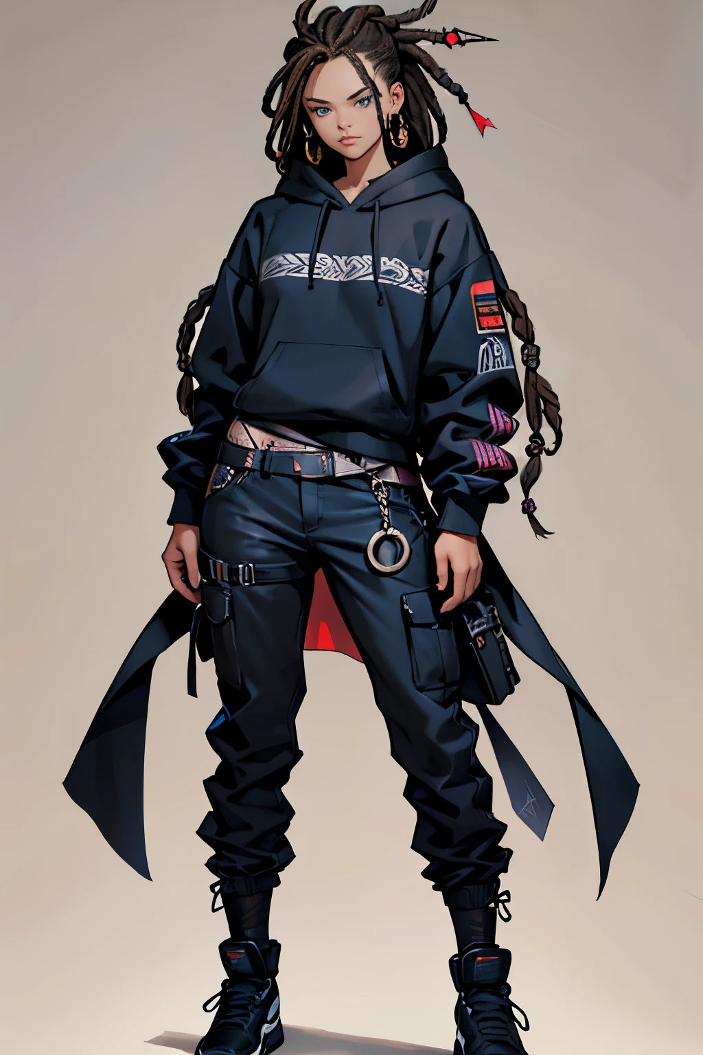 1 girl, mel medarda arcane hair, dreadlocks, teenager, hoodie, pants,, black clothing, brown hair, light background, full body, long hair, teenager, tribal tattoo, colorful parts, sketchbook, hand drawn hand, symbols, dark , bold, realistic sketch, sketch, mixing dark lines and loose lines, bold lines, on paper, turn on character sheet, human woman, blue eyes, full body, imposing pose, lots of details, stylish outfit, symbols, runes , dark theme , black shirt, beautiful, pretty, modest