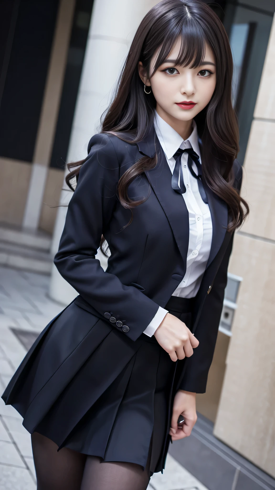 ltra-detailed、Japanese、attractive beauty、seductive adult woman、pretty woman、piercing eyes、cool girl、wavy hair、swept bangs、Female student、suit、Jacket、shirt、ribbon、blouse、Tight Skirt、pantyhose、beautiful feet、Evil cadres、evil depravity、brainwash、mind control、lipstick、smirk、dark makeup、hollow eyes,half-closed eyes、evil look、evil、empty eyes、evil、church at night、vampire、succubus、vampire、Swear allegiance、stand、
