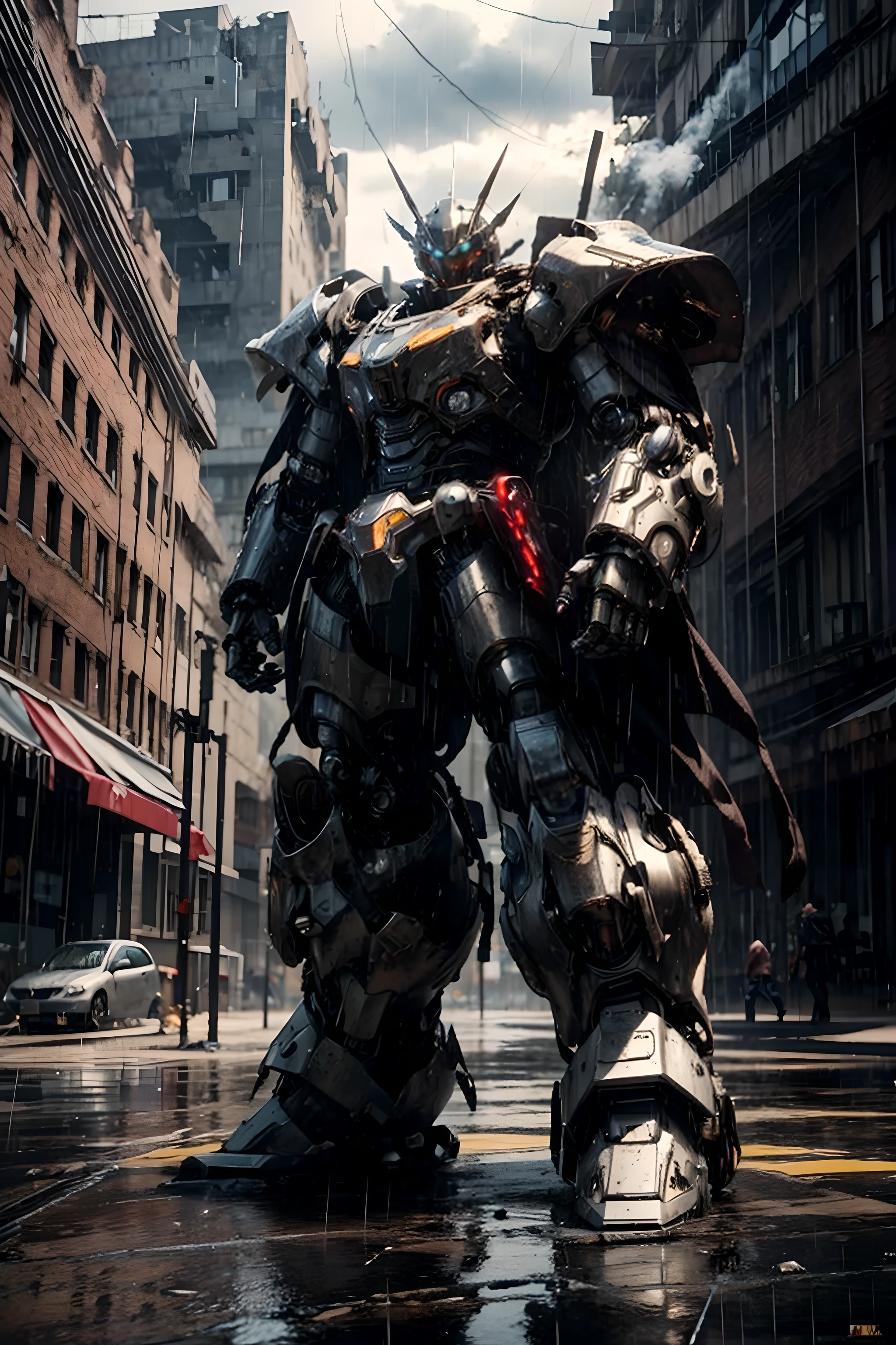 (rainy day:1.3), dark theme, dark clouds, thunder and lightning, realistic, complex 3d render ultra detailed, best quality, masterpiece, ultra high res, cowboy shot, (photorealistic:1.4), raw photo, official art, Complex background, absurdres, vague, Atmospheric, evil, tank, dynamic angle, ((Armed with both hands)), red glowing, cyberhelmet, giant mecha, robot, armor, mechanical arms, science fiction, no humans, (Wearing a tattered cloak), standing on the ruins of the old square after the radiation war, there are damaged buildings everywhere, smoke of gunpowder, war,