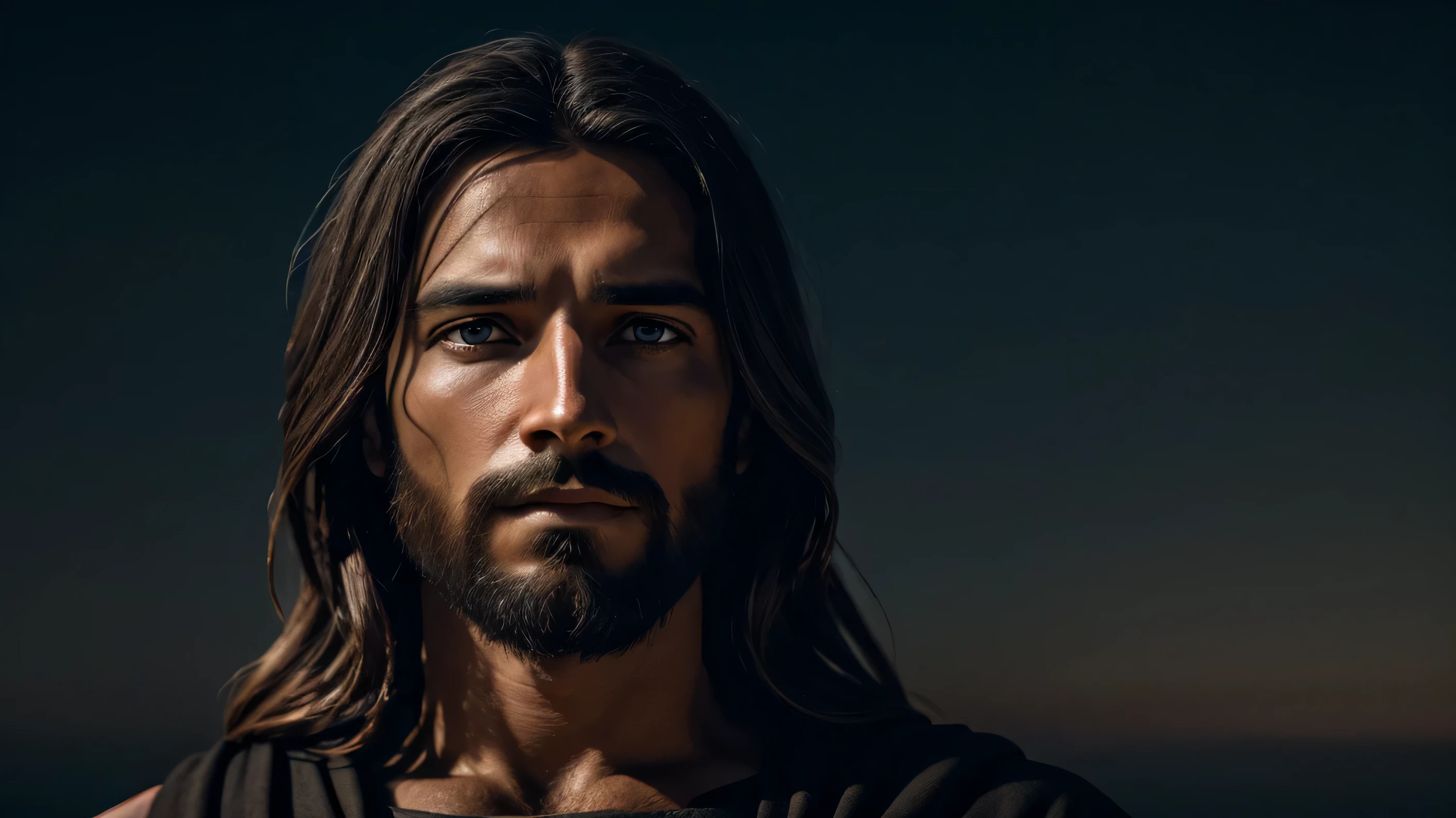 Create the image of Jesus Christ on a dark background, with a serene countenance, photorealistic, photo, 4k cinematic.
