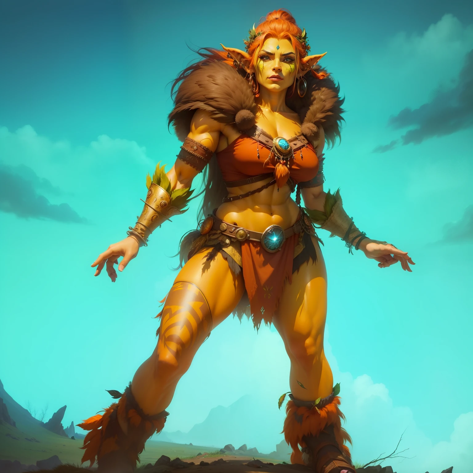 a close up of a person in a costume on a hill, female troll shaman, muscular female druid, a very beautiful berserker woman, female druid, of a futuristic woman selk'nam, alluring tiefling druid, female earth mage, female humanoid creature, attractive tiefling druid, cyberpunk angry gorgeous druid, female orc forest druid, super high quality, super high detail, masterpiece, 4k, 8k, HDR, detailed face, beautiful face, orange skin, orange fur