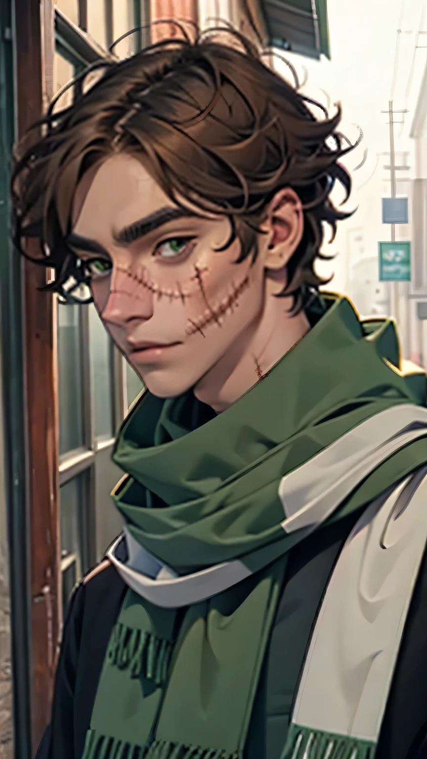 short brown hair, man with scarred face, stitches, striped scarf, green shirt