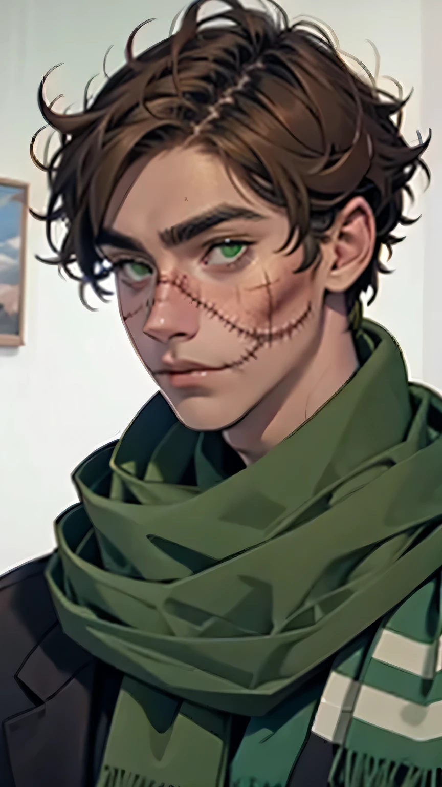 short brown hair, man with scarred face, stitches, striped scarf, green shirt
