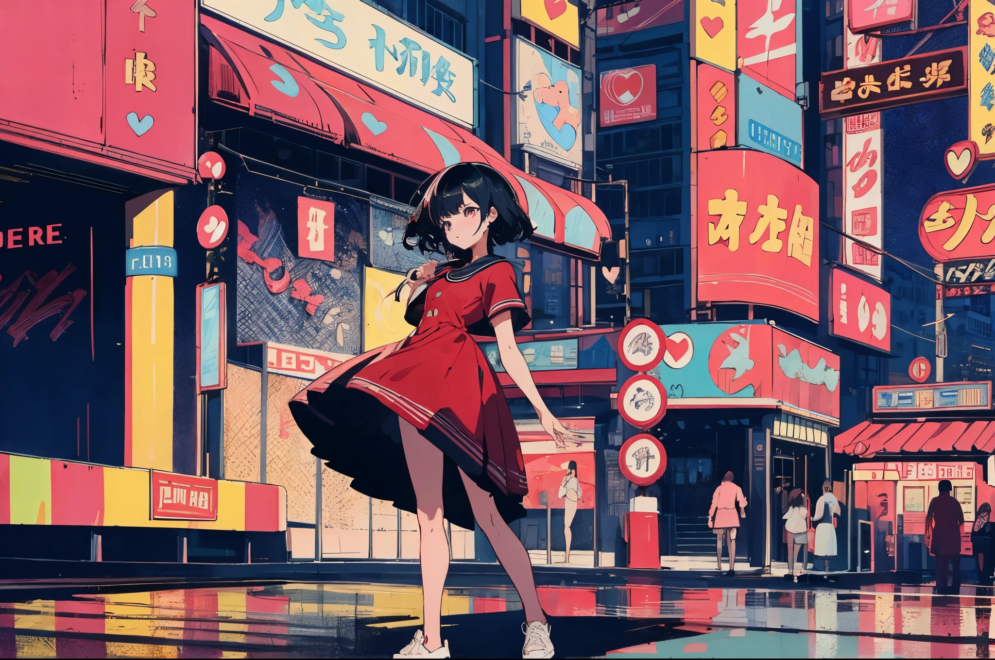 better quality, 4k wallpaper, masterpiece, Highly detailed CG uniform wallpaper 8k, very fine eyes, Super detailed, intricate details, 1 girl, retro art style, neon art style_pop, public, outdoor, road signs, city,Establishment of prostitutes behind,adult,black hair,Iris drawing a heart,red dress, Making a dress,attractive appearance,linda,short dress,barefoot,white sneakers