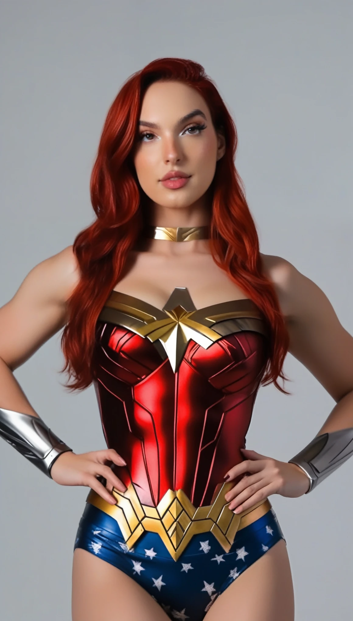 professional portrait photo of mssbrsl, looking at the camera,, with a thin leather choker around her neck and has (glossy lips), Nikon Z9, looking at the camera, realistic matte skin, (highly detailed), ((skin texture)), (sharp focus), high-res  (Wonder Woman outfit) 