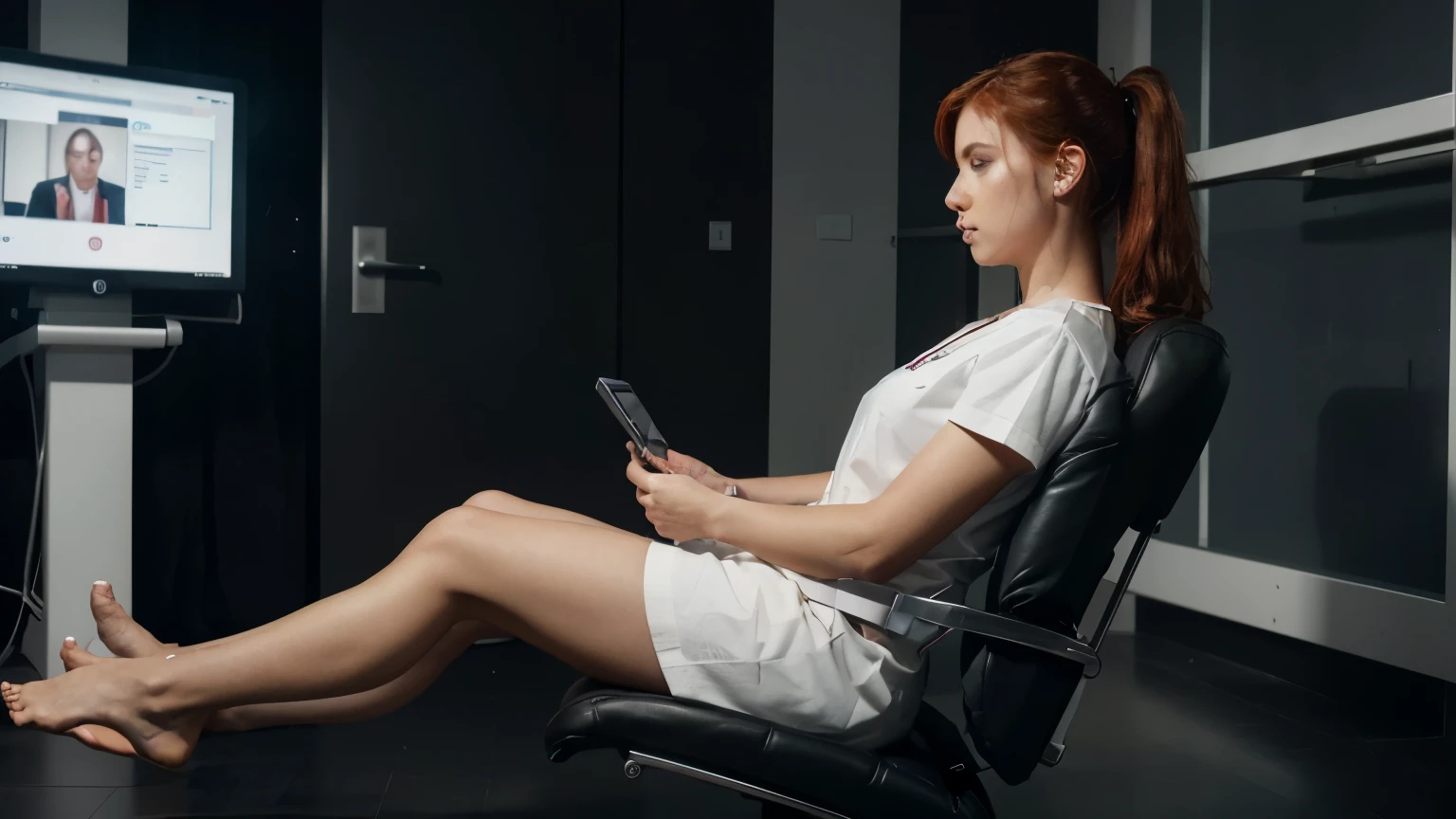 create a red-haired Scarlett Johansson dressed as a doctor in an environment with 360° Body Scanner: Upon entering the room, a 360° body scanner performs a complete analysis of the user's body in a few seconds, providing data on general health, such as cholesterol levels , glucose, blood pressure and even indicators of potential problems.

Biometric Analysis Smart Mat: The entrance mat is equipped with sensors that measure parameters such as heart rate, step patterns and balance. This data is automatically sent to the biometric analysis system.

Smart Diagnostic Mirror: The mirror in the bathroom is more than a simple reflection. It uses facial recognition technology to detect signs of fatigue, dehydration or even symptoms of illnesses like jaundice, and displays visual alerts to the user.

Biometric Clothing: The wardrobe contains clothing equipped with biometric sensors that constantly monitor the wearer's vital signs, such as body temperature, heart rate and respiratory rate. This data is sent to the central health monitoring system.

Smart Bed: The bed is equipped with sensors that monitor sleep quality, breathing patterns and movements during the night. Based on this information, the system can suggest adjustments to your sleeping position to improve rest.

Telemedicine Station: A dedicated telemedicine station allows remote consultations with specialist doctors. Equipped with high-definition cameras and remote monitoring devices, patients can undergo basic exams and receive medical advice without leaving home.

Automated Medicine Cabinet: A smart cabinet keeps stocks of medications and supplements. Using facial recognition and biometric authentication, it releases only the prescribed doses to the user, ensuring safety and adequate control of the medication.

Virtual Health Assistant: An artificial intelligence assistant is always available to provide health information, answer questions, schedule medical appointments, and even provide personalized guidance to 