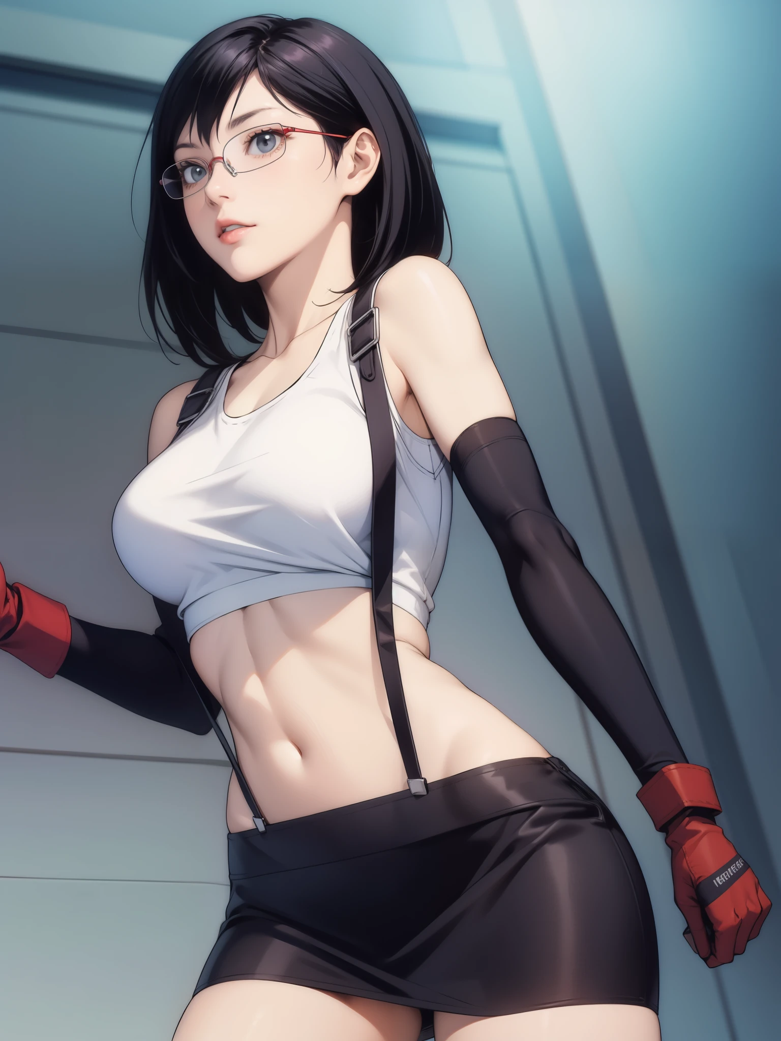 perfect eyes:1.2, detailed eyes:1.4, black hair, grey eyes, large breasts, rimless eyewear, glasses, medium hair, white crop top, suspenders, black miniskirt, pencil skirt, arm warmers, elbow gloves, elbow pads, red gloves, 1girl, solo, (masterpiece:1.6, best quality),
