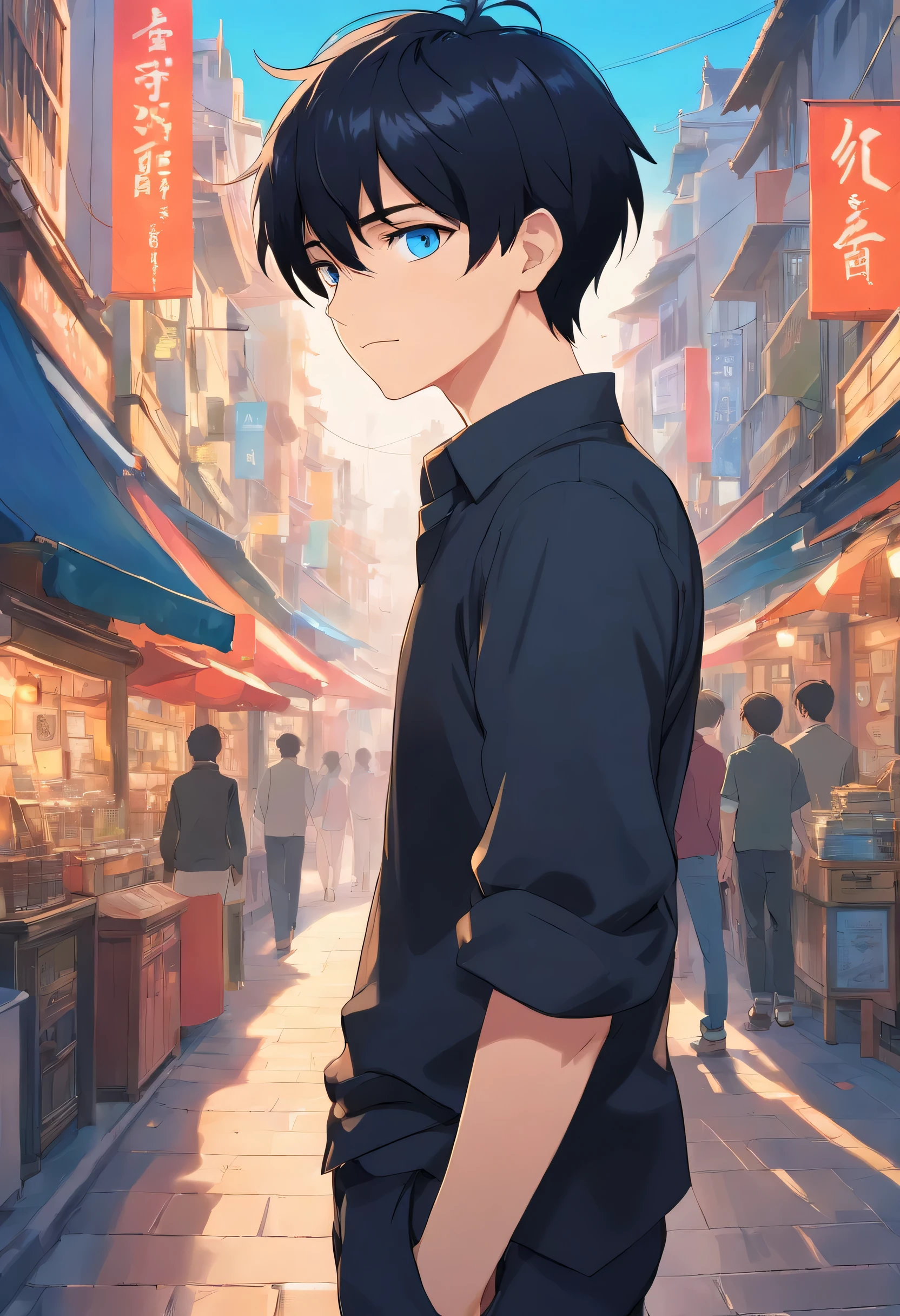 fullbody shot ,various angles.Black hair, Anime style, Character Chart, One-person viewpoint, Anime boy with UHD black hair and black shirt, young anime man, anime moe art style, Anime Boy, Smooth Anime CG Art, Male anime style, artwork in the style of guweiz, A cute boy,rainbows,Anime portrait of a handsome man, digital anime illustration, Short anime guy with blue eyes, male anime characters, boy has short black hair,nffsw,