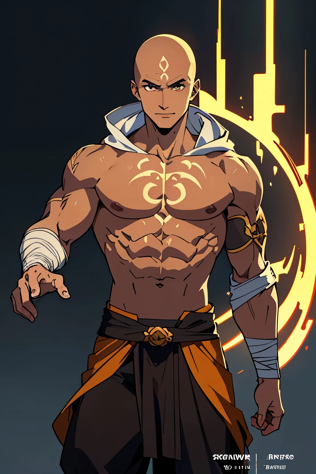 goliath monk, pale blue-ish skin color, brown hood, HUGE JACKED GOLIATH MONK, huge smile, very happy, flexing huge muscles, (bald hairstyle), black pants, maroon belt, deathly pale blue skin, male, ((huge scar on chest), (high-quality, breathtaking),(expressive eyes, perfect face) 1boy, male, solo, young adult, extremely happy expression, Monk profession, martial artist, well built body, pants, knuckle bandages, environment background, fantasy clothing, fantasy attire, DnD Monk Class, oriental monk, half body, ancient Chinese swordsman hanfu, body tattoos, tribal body art, wuxia, black and gold clothing palette, ((tan skin color)), monk, bandage wrapped forearms, fantasy, (Dragon tattoo), (big Stigmata), character focus, ((black light)),((dark lighting)), cinematic lighting ,(darkness), (concept art), (glowing eyes), high resolution, extremely detailed CG unity 8k wallpaper, ((masterpiece)), ((top-quality)), (beautiful illustration), ((an extremely delicate and beautiful)), (masterpiece, Best quality, ultra high resolution), glowing yellow eyes, Luminous_eyes, ultra detailed eyes, Beautiful and detailed face, detailed eyes, (Centered, torso), (wide shot:0.9), facing the viewer, Eye level,