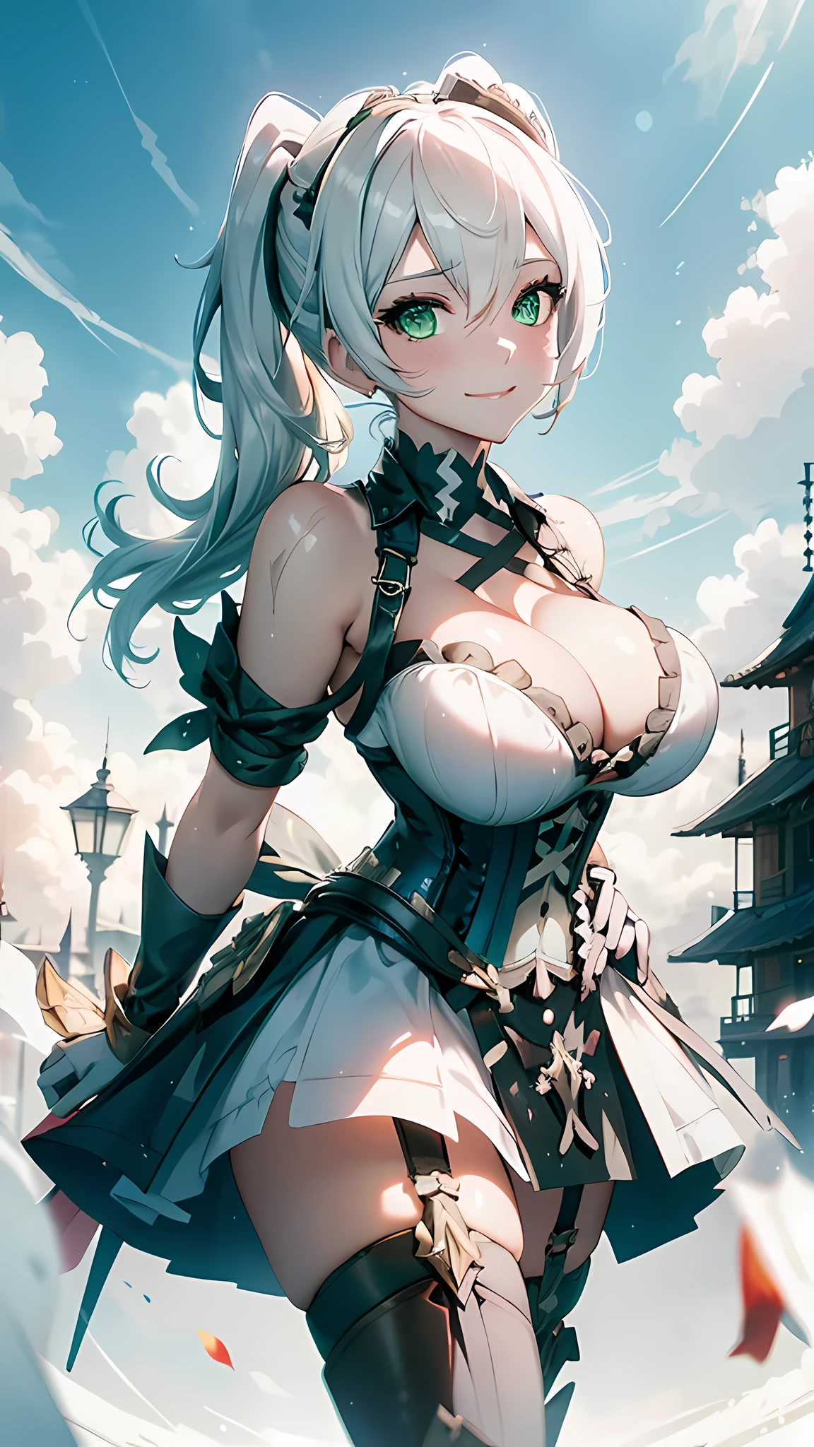 (masterpiece), best quality, expressive eyes, perfect face,((1girl)),(white and black corset dress:1.5)),(big breasts:1.5),(sparkles:0.9),(glitters:0.9),googles,outdoors,(daytime:1.1),(cloudy sky:1.1),garter belt,heel boots,middle hair,side ponytail,cleavage,looking at viewer,light smile, eyeshadows, eye liner,glistening eyes, hyper detailed eyes, intricate eyes, beautiful eye, green eyes、standing,head tilt,standing on one leg,sexy pose,smiles,(female focus)
