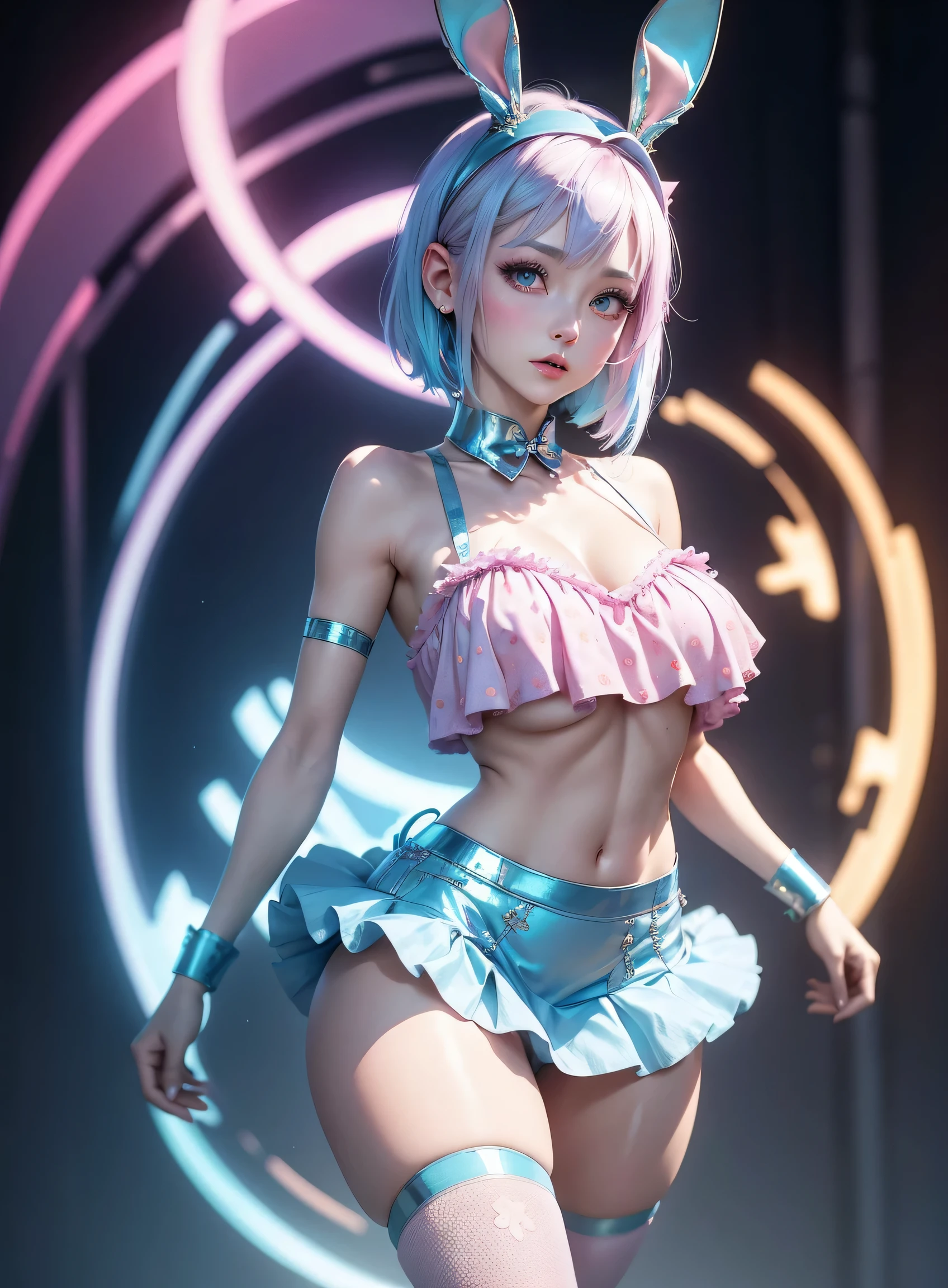 sfw, Bunny Girl, A girl, 18yr, Tiffni blue hair, Tiffni blue hair, short hair, (with metallic rabbit ears headband: 1.2), full body, (delicate features: 1.5), wearing a dreamy surrealist created skirt, the color of the skirt is Tiffni blue and pink gradient, surrounded by pink marshmallow like coral, dancing above a few pink dotted with black butterflies, the overall environmental tone is Tiffni color, surrealist style, art photo, Wonderland, Tiffni's Dream, pastel dream, wearing bra,((skinny waist)), young asian girl, ((big breasted)),