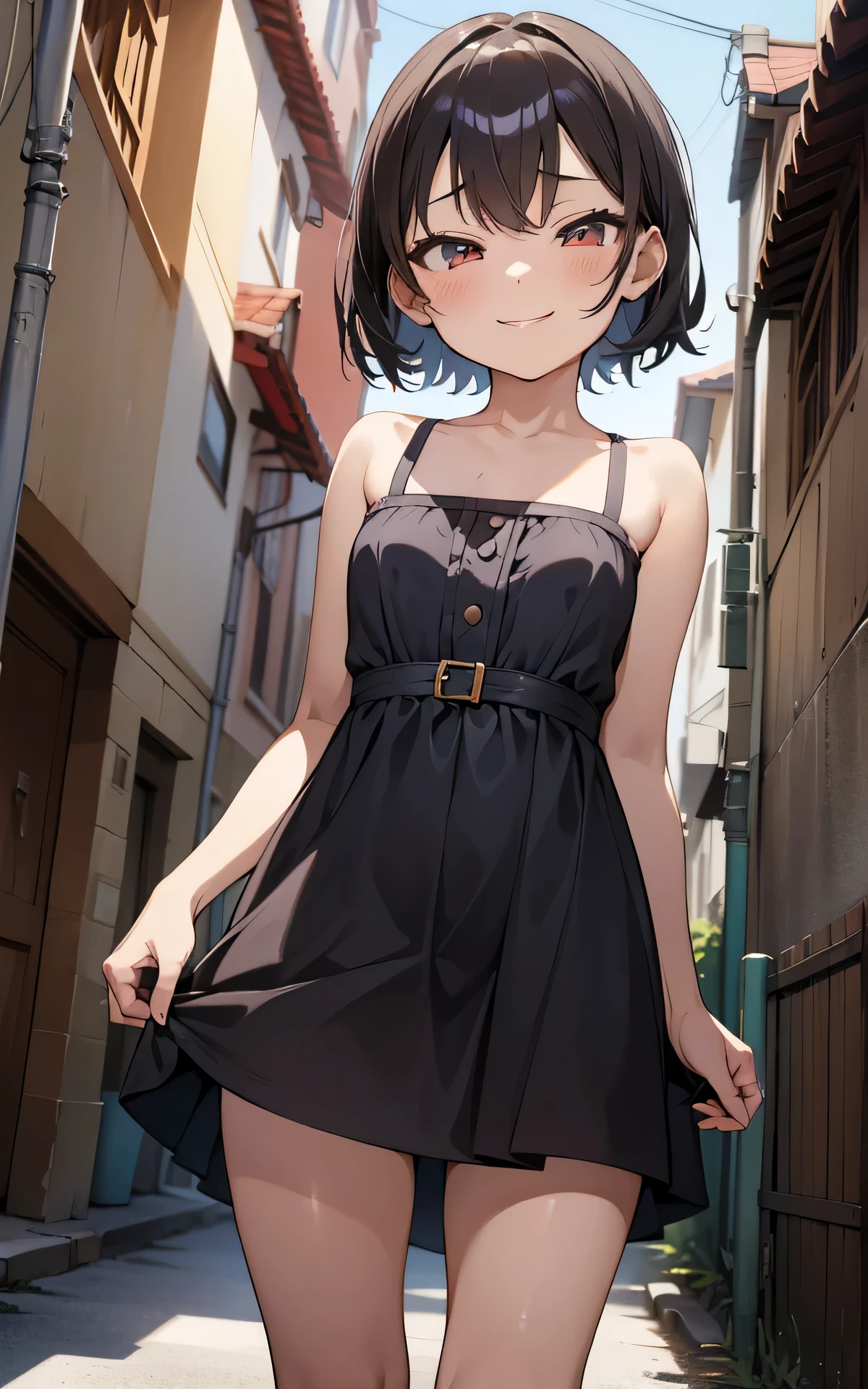 1girl, (Angle from below)、((On the balcony)), show off her breasts, (Blonde), (shiny skin:1.3)、Glowing pink Eyes, ((evil grin)), (), Black Hair、Cap, pink rip, ((((Long sleeveless one piece dress)), No bra、((Panties with horizontal stripes)), (small breasts), (jewelry))), (((close up foot))), ((The girl is wearing socks))、She lifts her skirt to show her panties and make the man masturbate、(A man masturbates while lying down in front of a girl)、1boy, penis, penis under hand, (the boy is masturbation under the girl), eject cum:1.4、She spits on his penis、