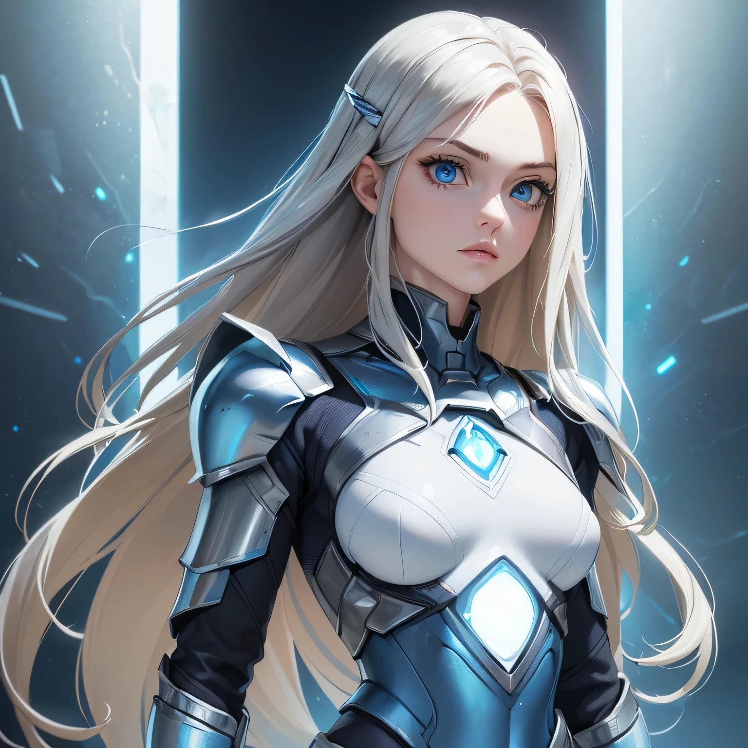 ((Masterpiece)) ((Perfect Face)) ((Beautiful)) ((Small Breasts)) ((portrait)) ((Wide Hips)) ((Broad Shoulders)) ((hourglass physique)) ((revealing blue and silver sci-fi Armor)) ((Super Powers)) ((long Hair)) ((blonde Hair)) ((Pale Skin)) ((Glowing blue Eyes)) ((button Nose))
