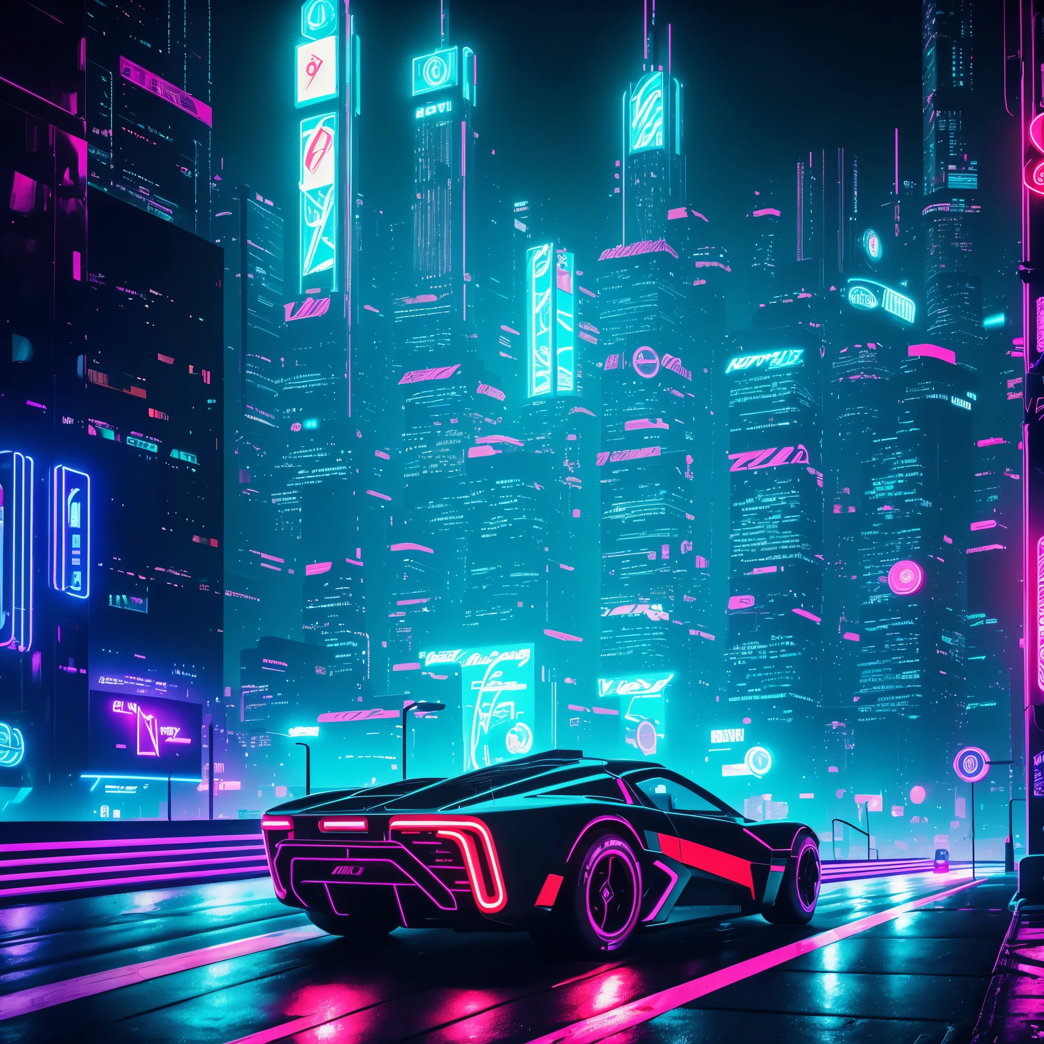 80s sport car,futuristic style,neon street,cyberpunk city,movie poster style,night scene,shiny,reflective,fast speed,blurred motion,glowing lights,sharp edges,dark alleys,tall skyscrapers,city skyline,futuristic buildings,foggy atmosphere,vibrant colors,flashing neon signs,analog dashboard,retro design,chrome details,sleek lines,old school vibes,iconic vehicle,urban landscape,time travel sensation,cyberpunk,slick paintjob,streamlined shape,futuristic technology,stylish appearance,retro logo,exciting adventure,exciting atmosphere,lively city,nightlife,energetic mood