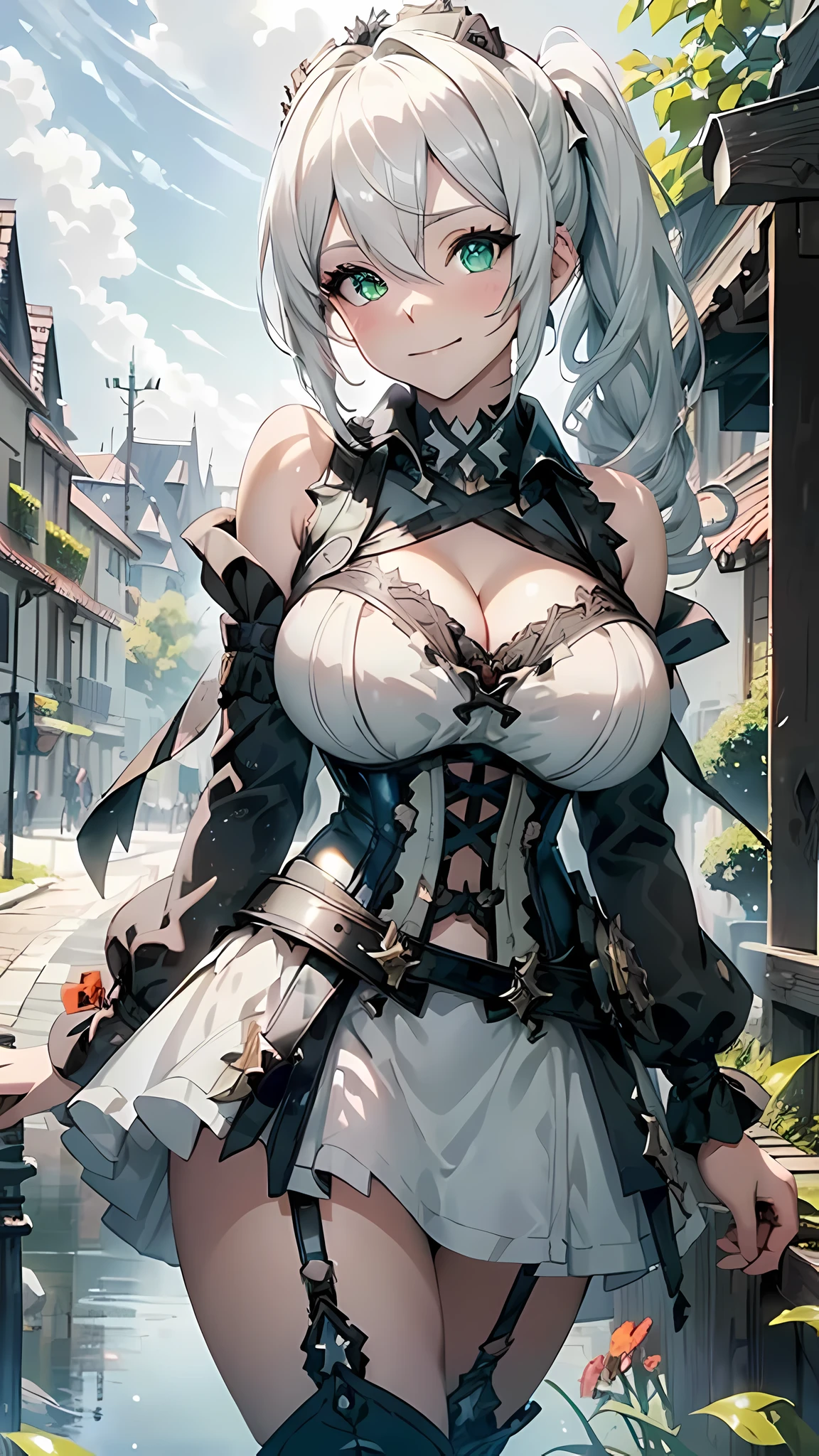 (masterpiece), best quality, expressive eyes, perfect face,((1girl)),(white and black corset dress:1.5))(dark blue skirt:1.2),(big breasts:1.5),(sparkles:0.9),(glitters:0.9),(googles),outdoors,(daytime:1.1),(cloudy sky:1.1),garter belt,heel boots,middle hair,side ponytail,cleavage,looking at viewer,light smile, eyeshadows, eye liner,glistening eyes, hyper detailed eyes, intricate eyes, beautiful eye, green eyes、standing,head tilt,standing on one leg,sexy pose,smiles,(female focus)