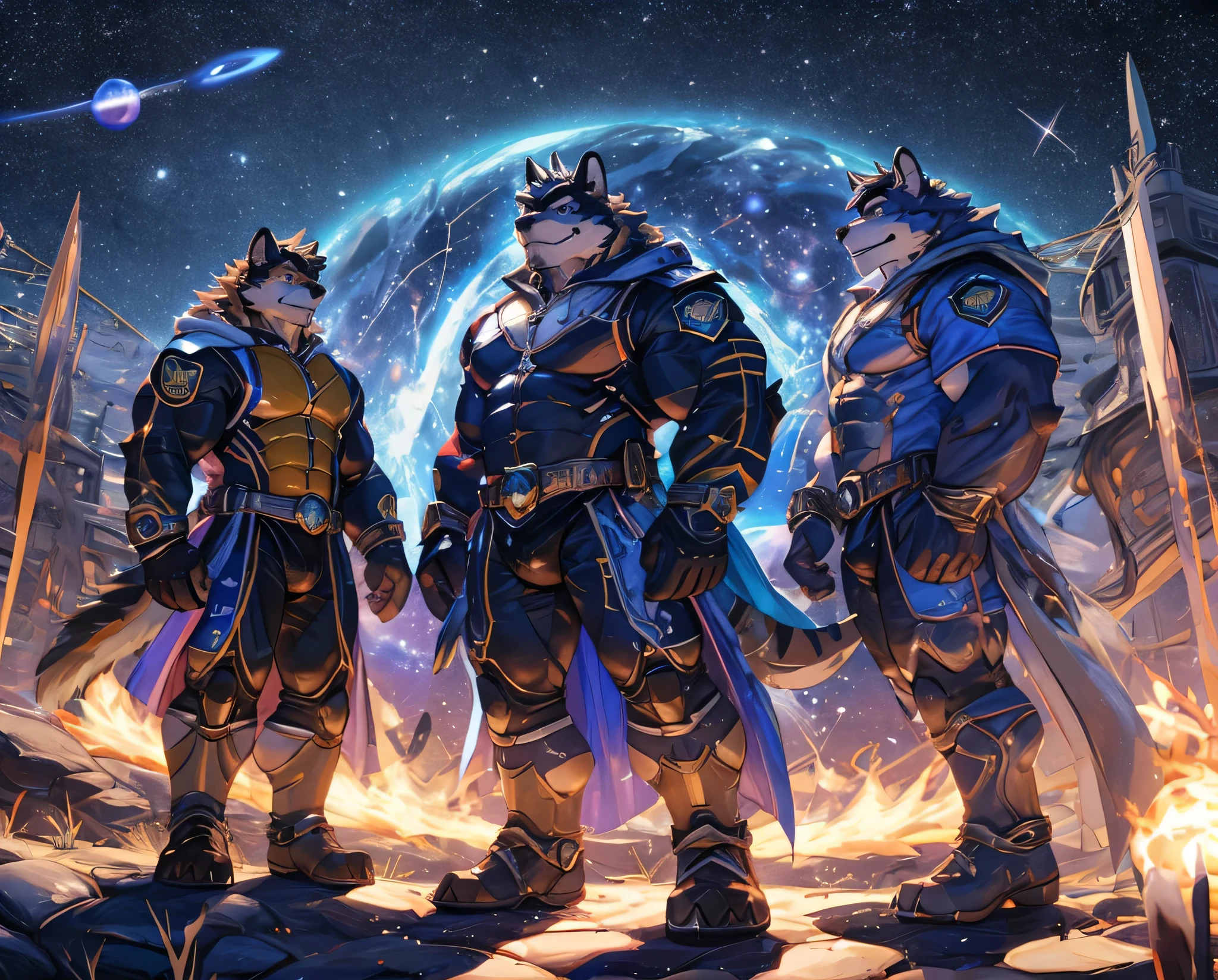 Anthropomorphic, Ryekie, Single, Male, Muscle, , 50 years old, in police clothes, Cosmic Color, Apply a Cool, scale of view, Masterpiece, No Noise, an Amazing landscape, Top Quality, Cinematic, High Definition, Super Detail, Vibrant color, Best Drawing by Nullghostart, Planets control, Cosmos Sky, Star Ruler, Beautiful atmosphere, Surrounded by shimmering stars, walk in the space, Constellation, Controlling the Stars, Confident Expression