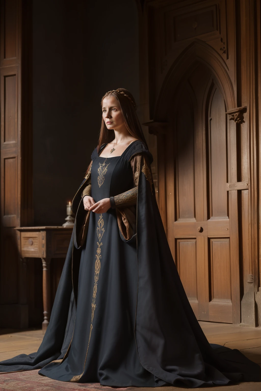 England, 1349. A young ((((37-year-old)) lady Philippa)), in a palace, ((surprised and indignant expression)). ((((clothings from the 1340s, dark gown)))), ((chestnut hairstyle of the 1340s))