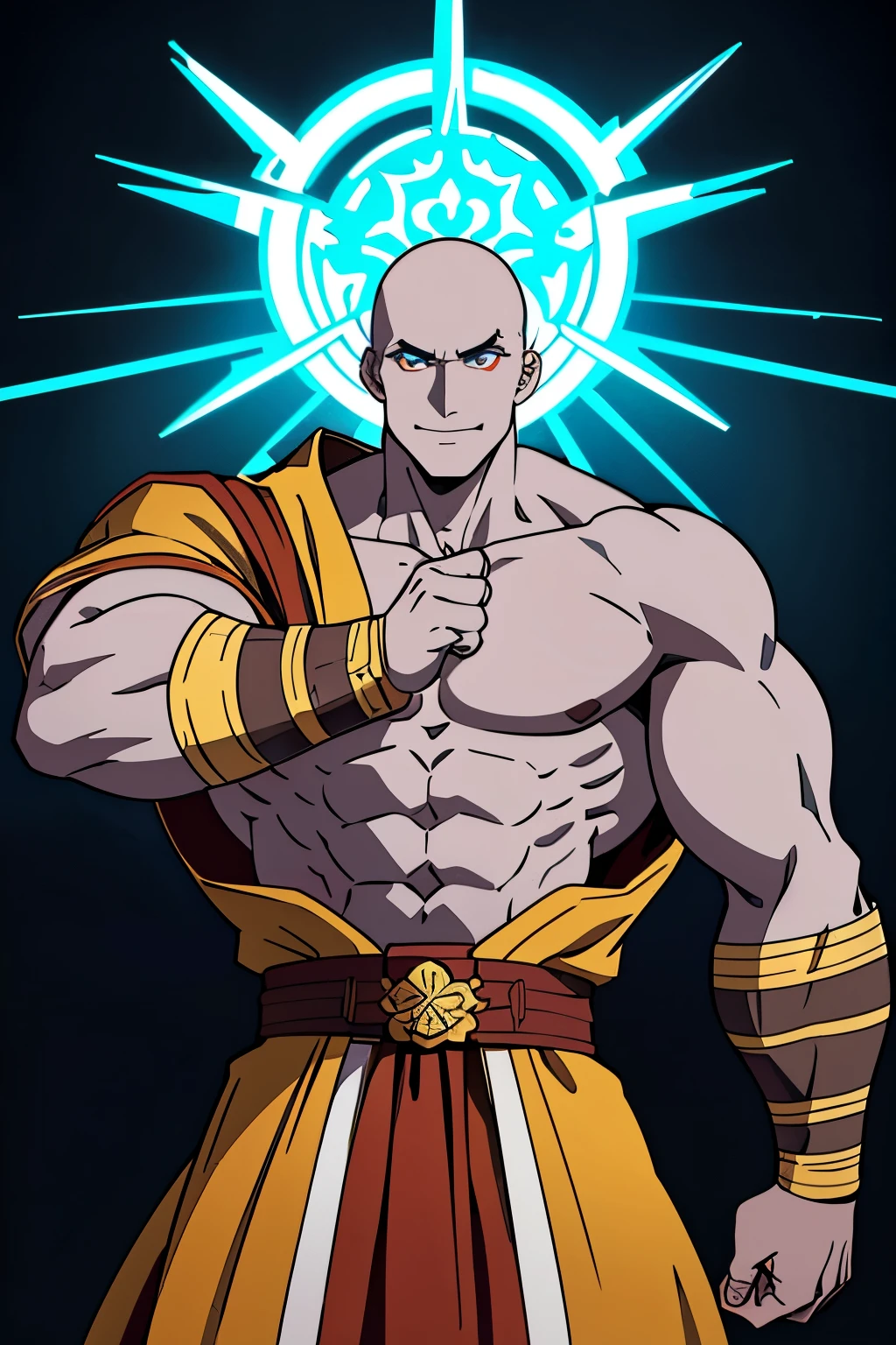 goliath monk, (((pale blue-ish skin color))), brown hood, HUGE JACKED GOLIATH MONK, huge smile, very happy, flexing huge muscles, (bald hairstyle), black pants, maroon belt, deathly pale blue skin, male, ((huge scar on chest)), (high-quality, breathtaking),(expressive eyes, perfect face) 1boy, male, solo, young adult, extremely happy expression, Monk profession, martial artist, well built body, pants, knuckle bandages, environment background, fantasy clothing, fantasy attire, DnD Monk Class, oriental monk, half body, ancient Chinese swordsman hanfu, body tattoos, tribal body art, wuxia, brown and gold clothing palette, ((tan skin color)), monk, bandage wrapped forearms, fantasy, (Dragon tattoo), (big Stigmata), character focus, ((black light)),((dark lighting)), cinematic lighting ,(darkness), (concept art), (glowing eyes), high resolution, extremely detailed CG unity 8k wallpaper, ((masterpiece)), ((top-quality)), (beautiful illustration), ((an extremely delicate and beautiful)), (masterpiece, Best quality, ultra high resolution), glowing yellow eyes, Luminous_eyes, ultra detailed eyes, Beautiful and detailed face, detailed eyes, (Centered, torso), (wide shot:0.9), facing the viewer, Eye level,