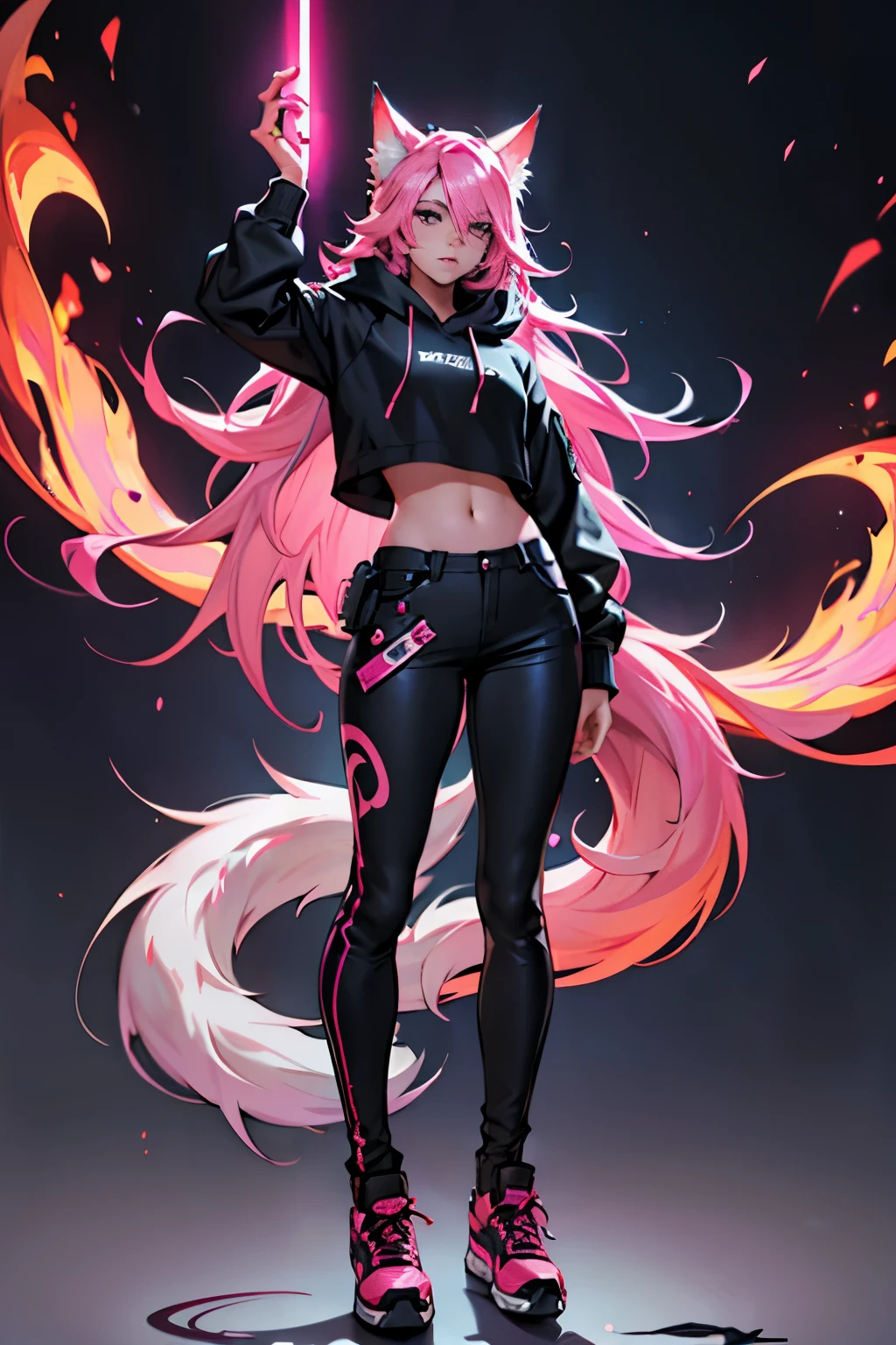 1 girl, ahri league of legends, Nine-Tailed Fox, wavy hair, pink hair, long hair and fox ears, teenager, hoodie, pants, black clothing, colourful hair, light background, full body, teenager, tribal tattoo, colorful parts, sketchbook, hand drawn hand, symbols, dark , bold, realistic sketch, sketch, mixing dark lines and loose lines, bold lines, on paper, turn on character sheet, human woman, grey eyes, full body, imposing pose, lots of details, stylish outfit, symbols, runes , dark theme , black shirt, beautiful, pretty, modest