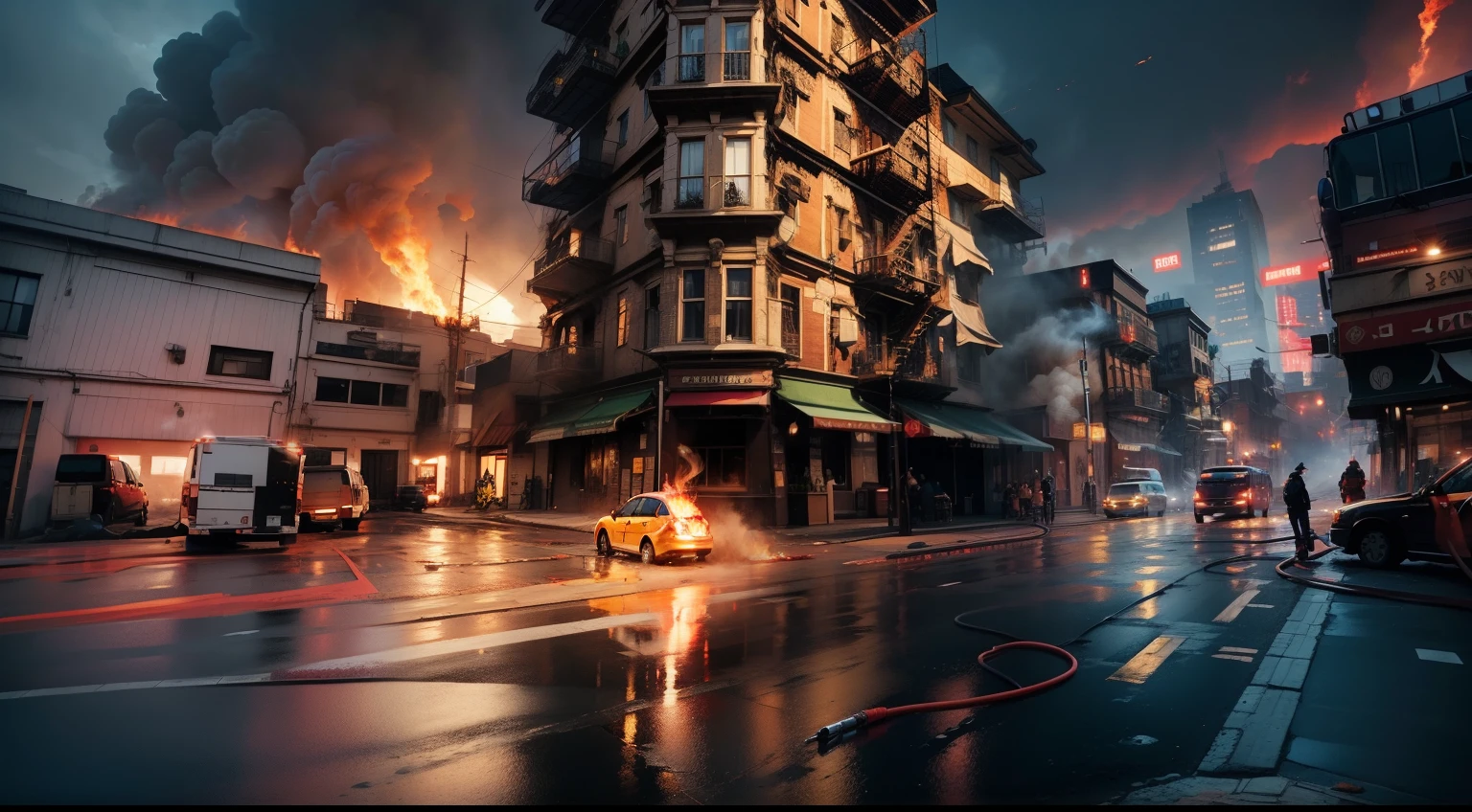 create as realistically as possible on fire in smoke
