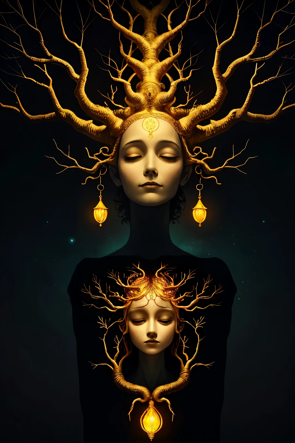 In the depths of a dark, neutral fundo, a human head emerges, highlighted against the backdrop. The olhos are closed, resting peacefully in a meditative state. The face carries a serene and tranquil expression, as if lost in thought. The head appears to be home to a unique tree-like structure, with a main trunk extending from the base of the skull to the top. Branched extensions sprawl in all directions, creating a complex and intricate form.
Soft light emanates from within the intricately branched brain tree, casting an ethereal and mystical glow upon the surrounds. Tones of amarelo, orange, and gold enhance the