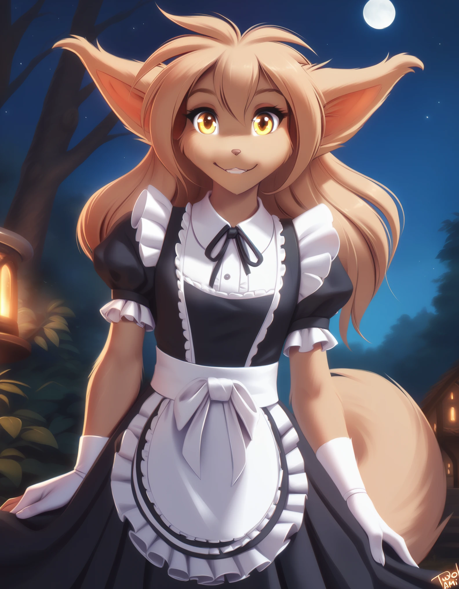 solo, tkmadelyn, basitin, mammal, pantherine, madelyn_(twokinds) , madelyn_adelaide, twokinds, personalami, rating:safe, anthro, arm_tuft, forest, night, stars, moon, maid, maid apron, fox tail, female, yellow eyes, small breasts, light brown hair, light brown fur,