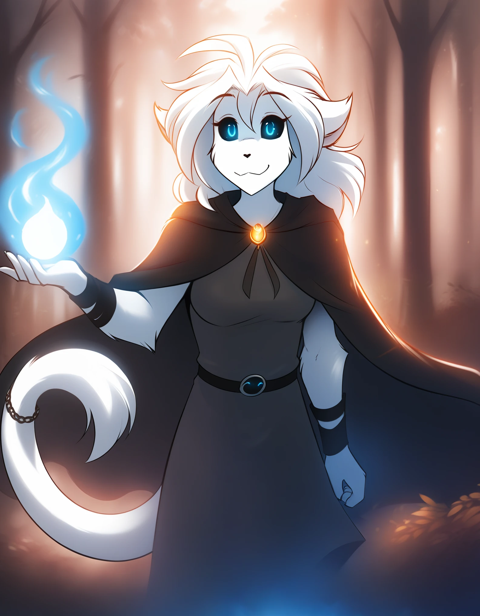 solo, tkwillow, keidran, mammal, pantherine, willow_wisp_(twokinds) , willow_wisp, twokinds, rating:safe, by tom_fischbach, (best quality, masterpiece:1), white fur, blue eyes, black sclera, will-o'-the-wisp, spirit, furry famale anthro, female, breasts, adult, looking at viewer, tail, (outdoors dark forest trees blurry blurred background:1.1), black and white cape,