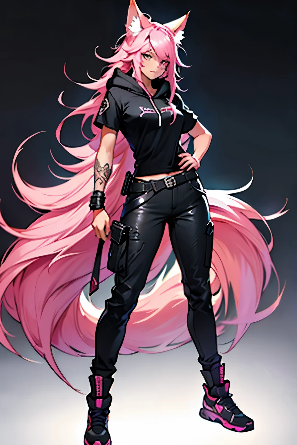 1 girl, ahri league of legends, Nine-Tailed Fox, wavy hair, pink hair, long hair and fox ears, teenager, hoodie, pants, black clothing, colourful hair, light background, full body, teenager, tribal tattoo, colorful parts, sketchbook, hand drawn hand, symbols, dark , bold, realistic sketch, sketch, mixing dark lines and loose lines, bold lines, on paper, turn on character sheet, human woman, grey eyes, full body, imposing pose, lots of details, stylish outfit, symbols, runes , dark theme , black shirt, beautiful, pretty, modest