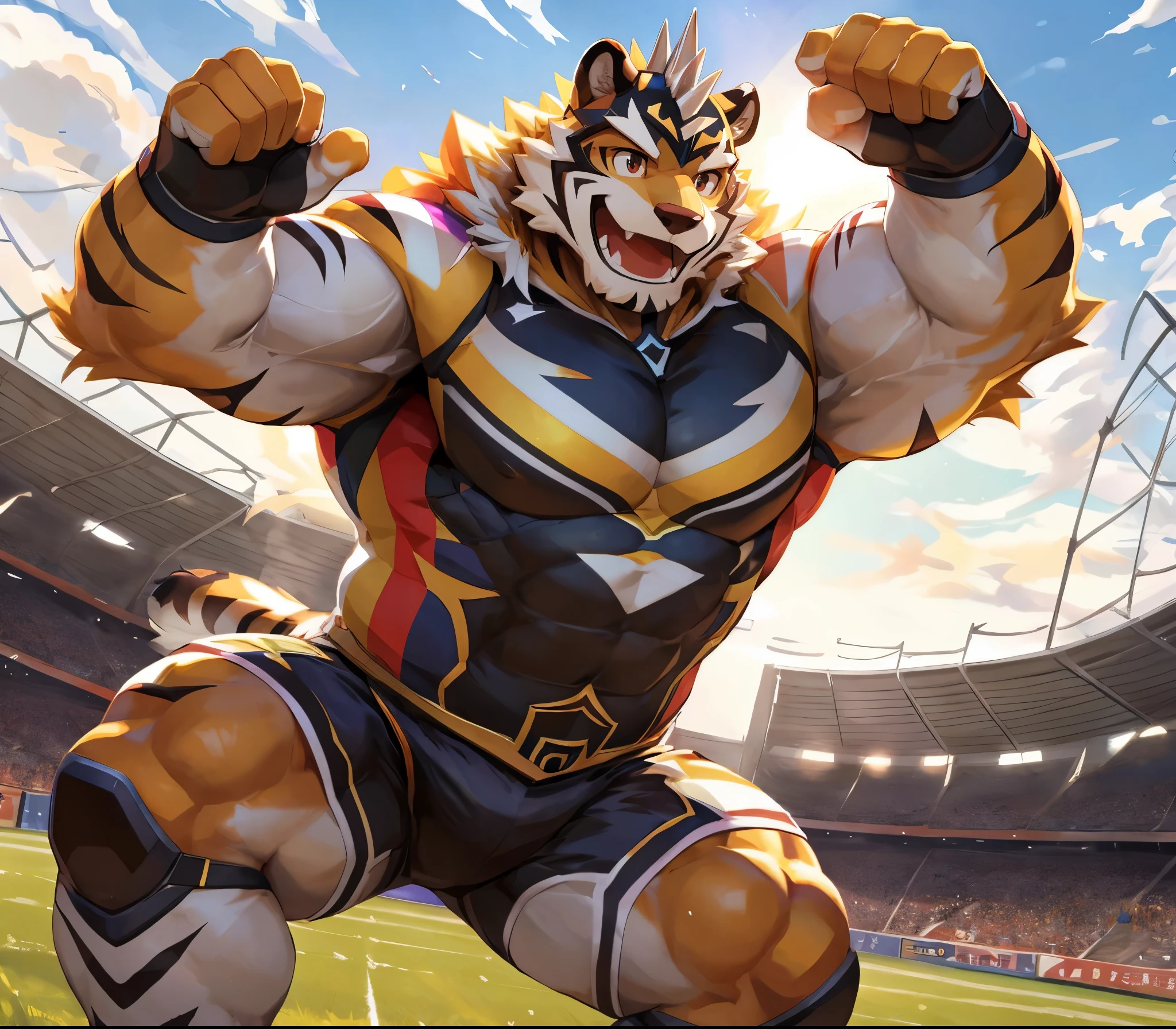 masterpiece,high quality,anime,detailed eyes,furry male White Tiger, Ryekie, Great physique,strong arms manly, in Stadion, Playing Soccer, Field, Sport suit, (Rainbow Spark), Shimmeringg Light Ball, Joyful, by null-ghost,by pino daeni