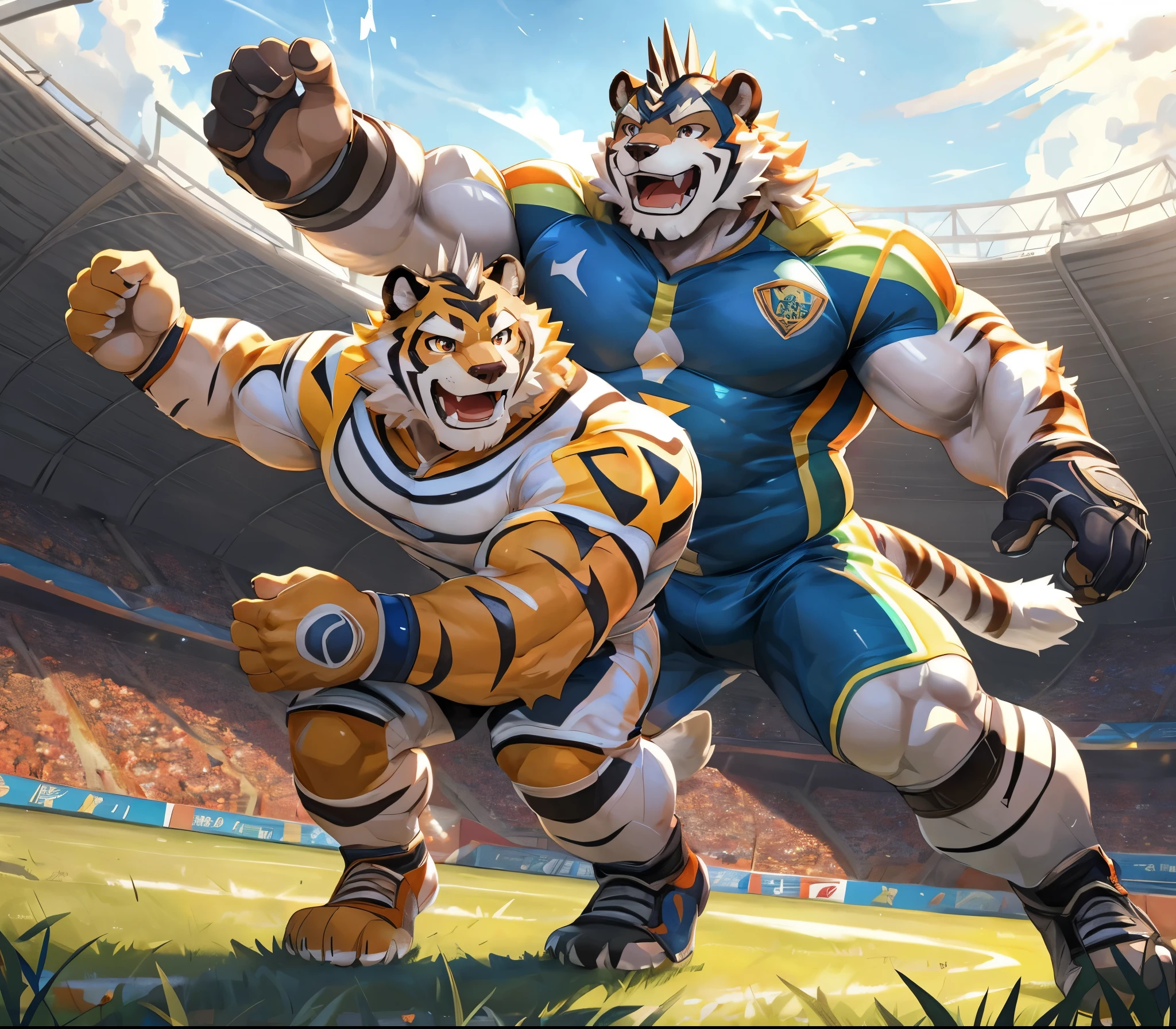 masterpiece,high quality,anime,detailed eyes,furry male White Tiger, Ryekie, Great physique,strong arms manly, in Stadion, Playing Soccer, Field, Sport suit, (Rainbow Spark), Shimmeringg Light Ball, Joyful, by null-ghost,by pino daeni