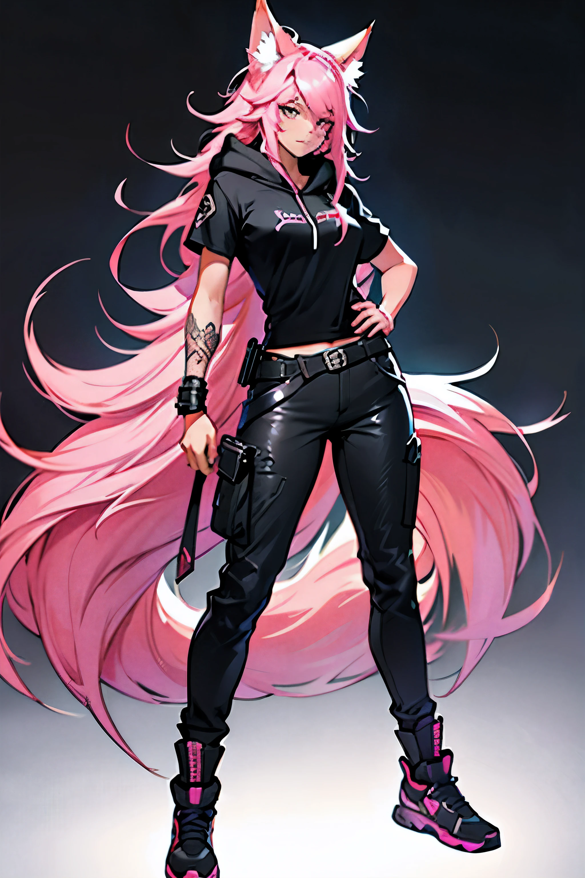 1 girl, ahri league of legends, Nine-Tailed Fox, wavy hair, pink hair, long hair and fox ears, teenager, hoodie, pants, black clothing, colourful hair, light background, full body, teenager, tribal tattoo, colorful parts, sketchbook, hand drawn hand, symbols, dark , bold, realistic sketch, sketch, mixing dark lines and loose lines, bold lines, on paper, turn on character sheet, human woman, grey eyes, full body, imposing pose, lots of details, stylish outfit, symbols, runes , dark theme , black shirt, beautiful, pretty, modest
